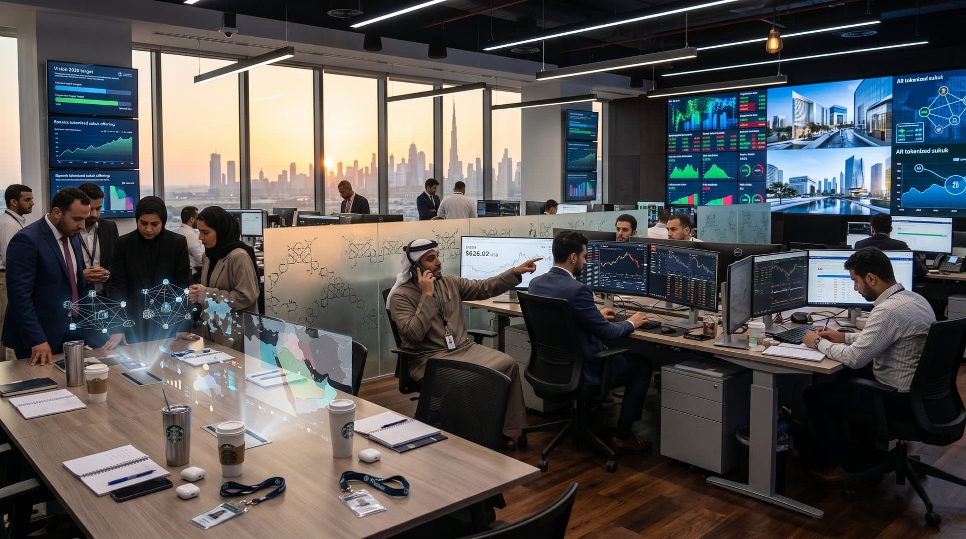 DIFC trading floor monitors BNB charts amid Gulf financial skyline