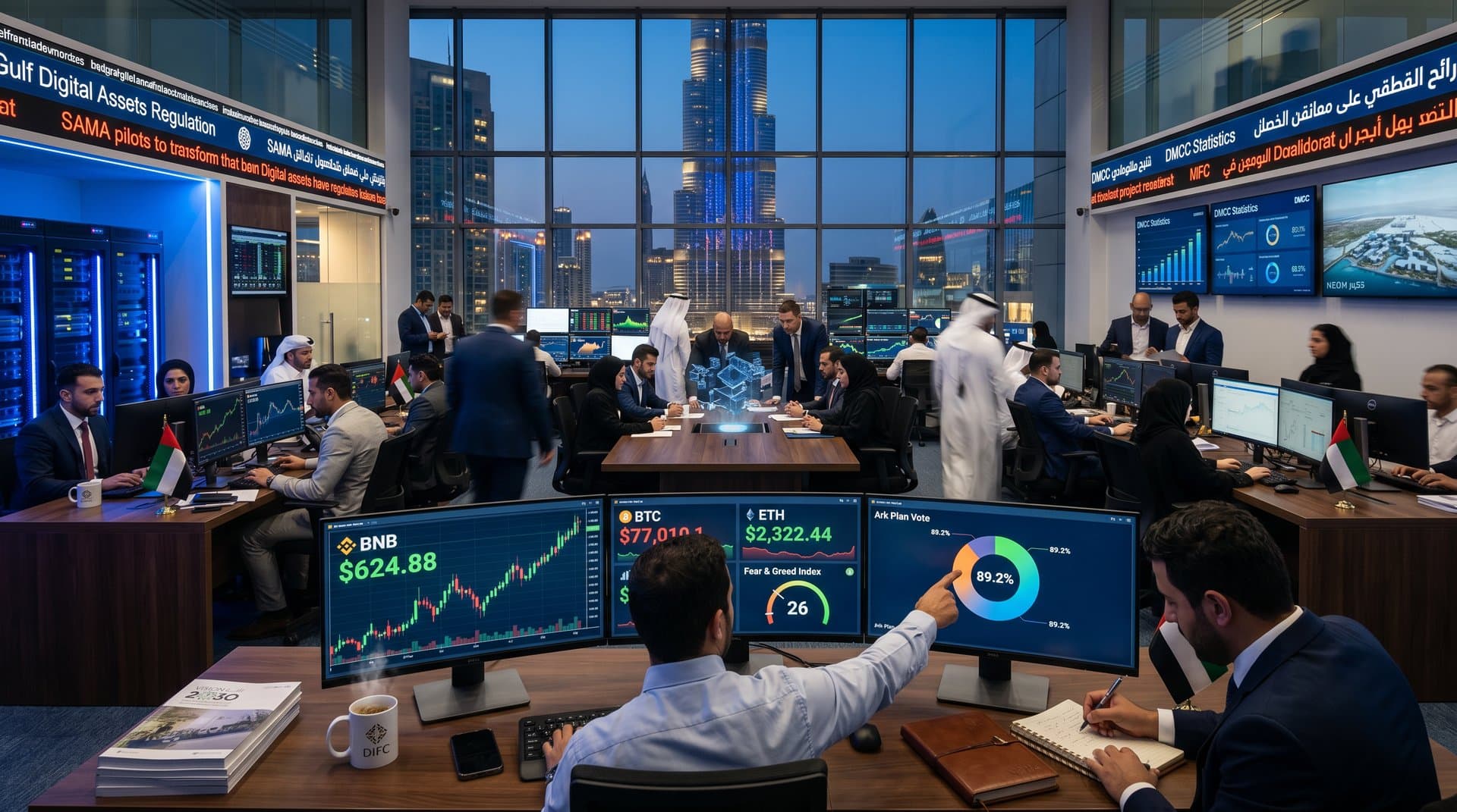 DIFC trading floor displays BNB Ark Plan charts amid UAE-Saudi crypto regulatory momentum