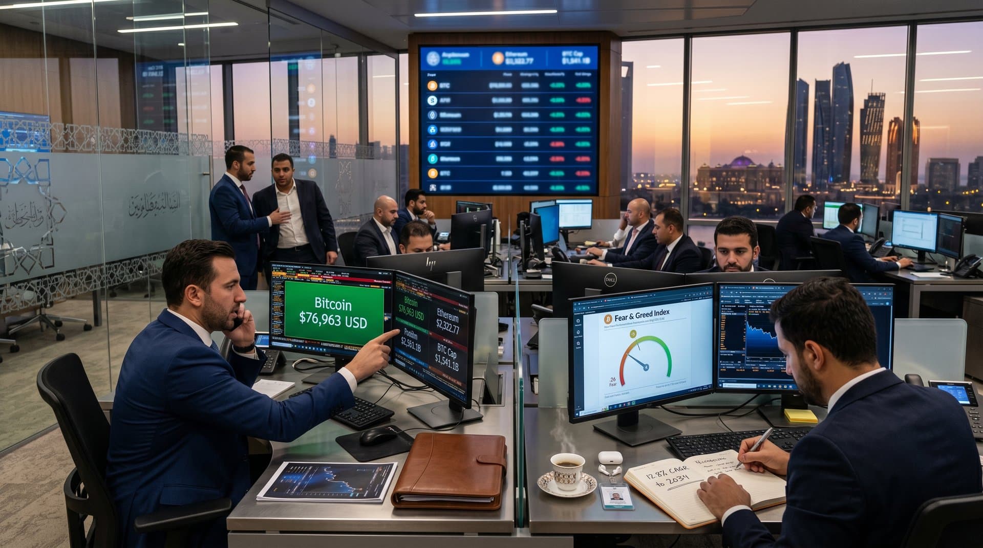 Gulf analysts review United States Cryptocurrency Market charts with Bitcoin price and Abu Dhabi skyline