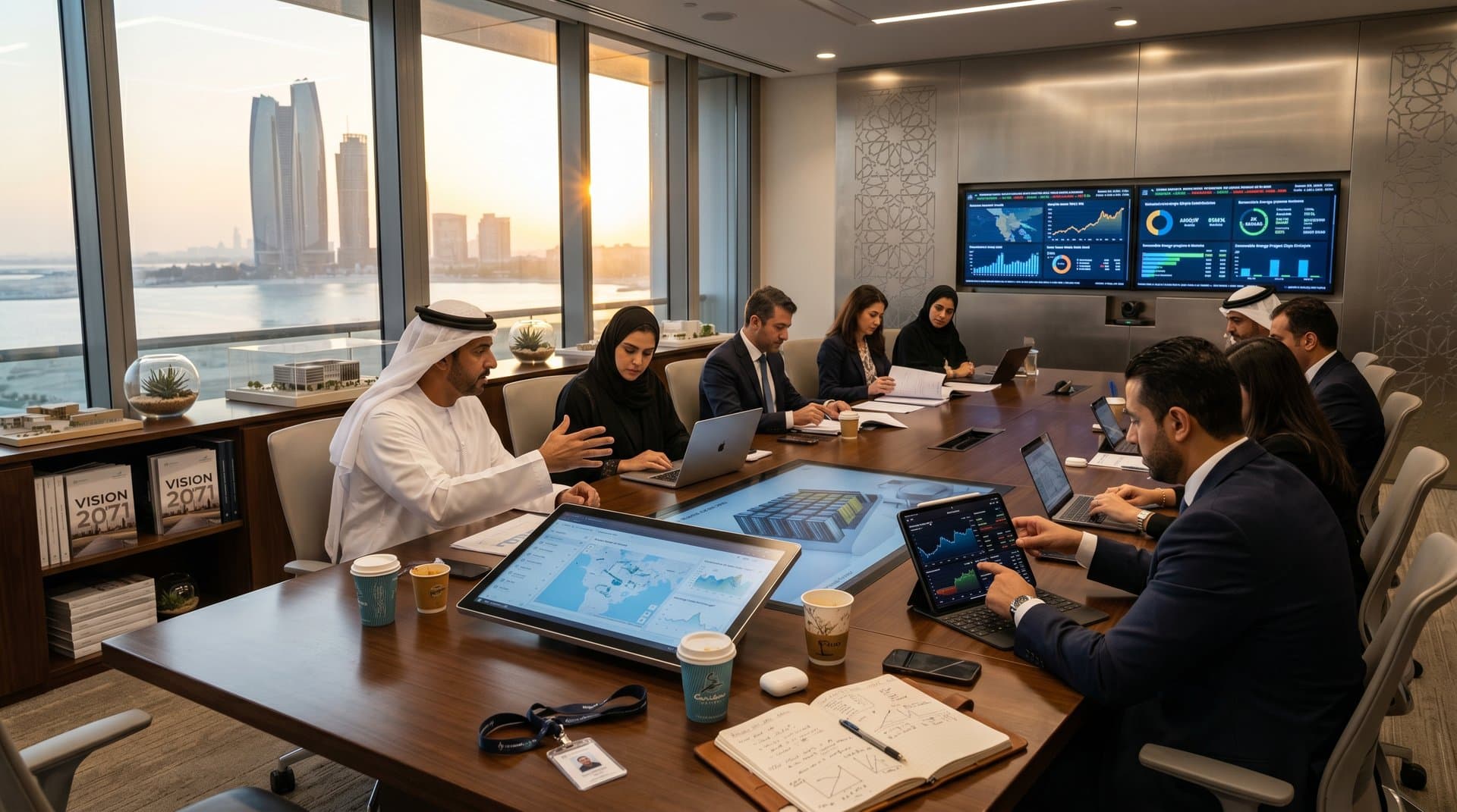 Mubadala boardroom scene showcasing UAE OPEC exit-driven tech investment strategies