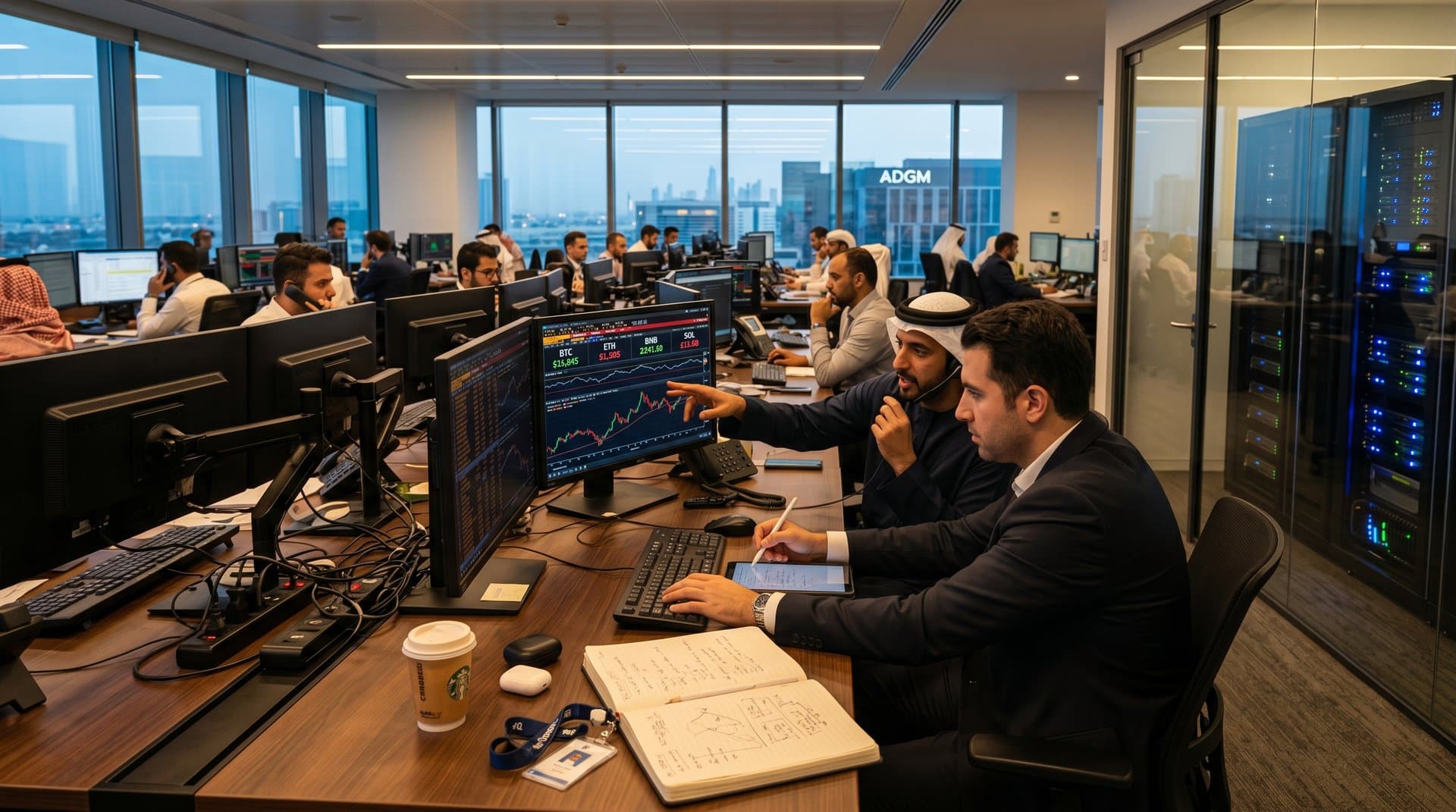 Analysts at ADGM trading desks monitor Bitcoin and crypto charts on Bloomberg terminals amid modern walnut furnishings and city skyline view