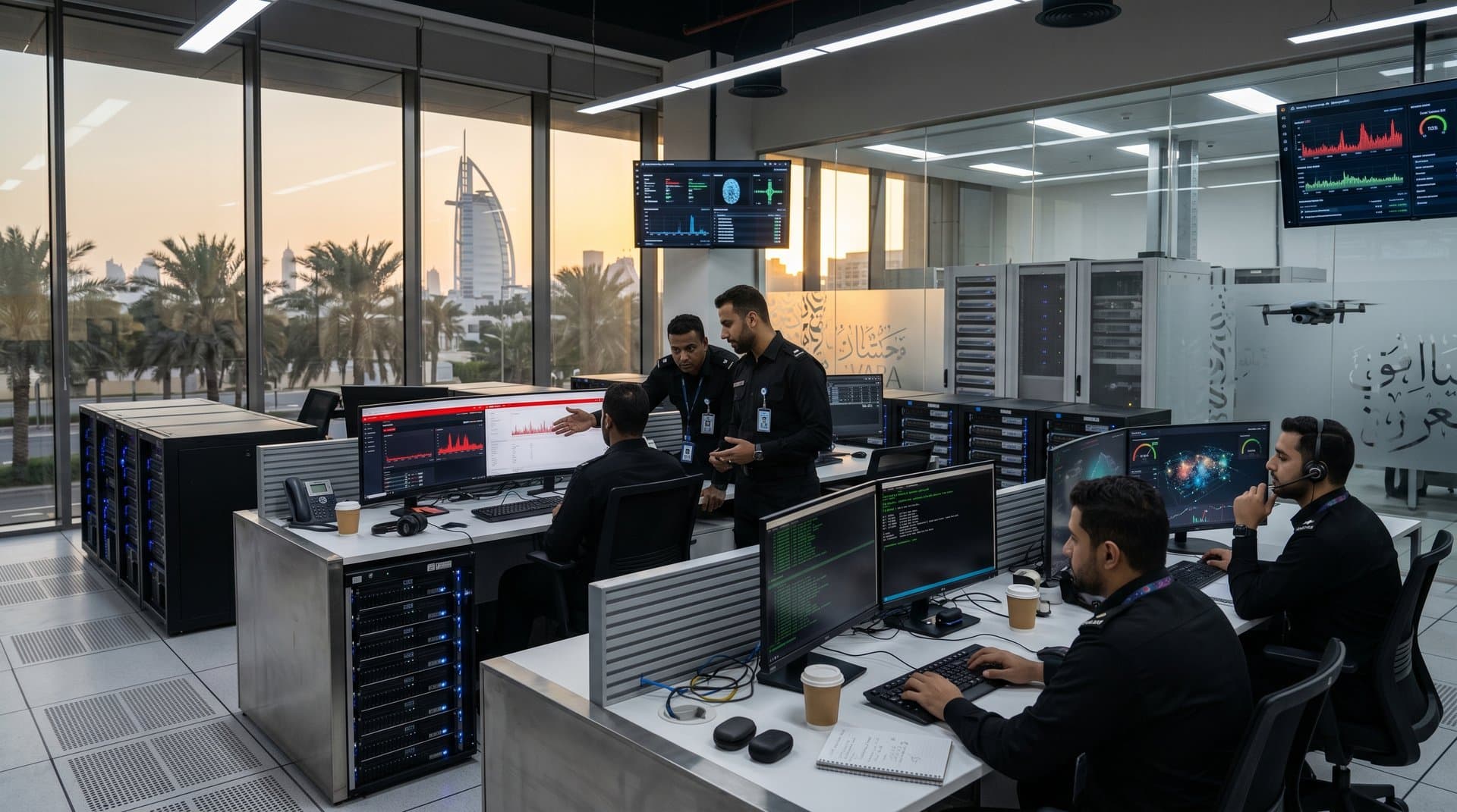 Dubai data center engineers monitor cryptocurrency scam alerts on screens amid server racks