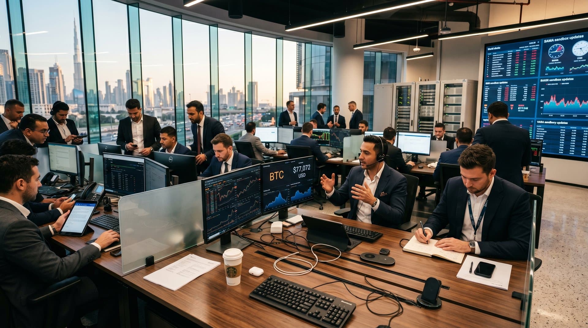 DIFC Fintech Hive trading floor with monitors showing BTC and ETH charts amid Dubai skyline and regulatory displays