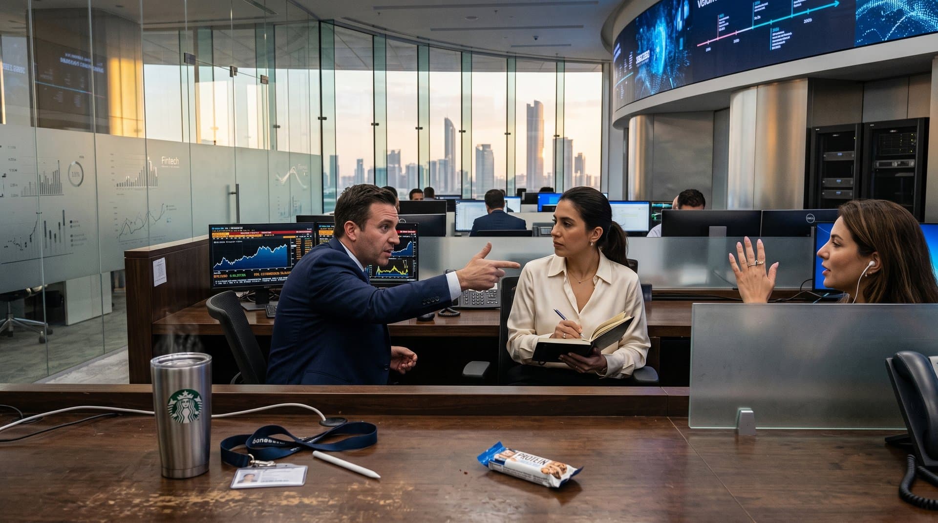 Abu Dhabi trading floor with Bloomberg terminals showing US crypto charts and market projections amid modern fintech setup