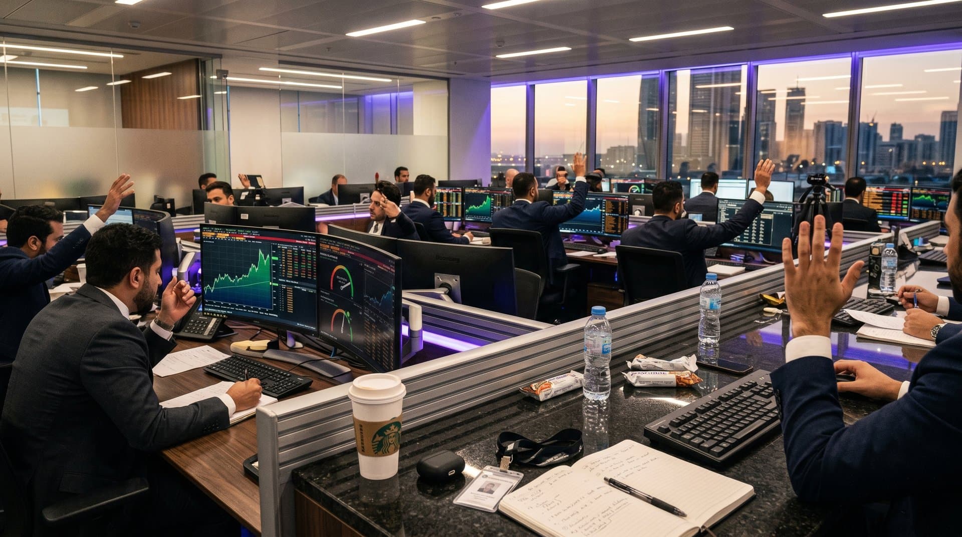 Gulf fund traders monitor US cryptocurrency market charts on Bloomberg terminals with Bitcoin and Ethereum data