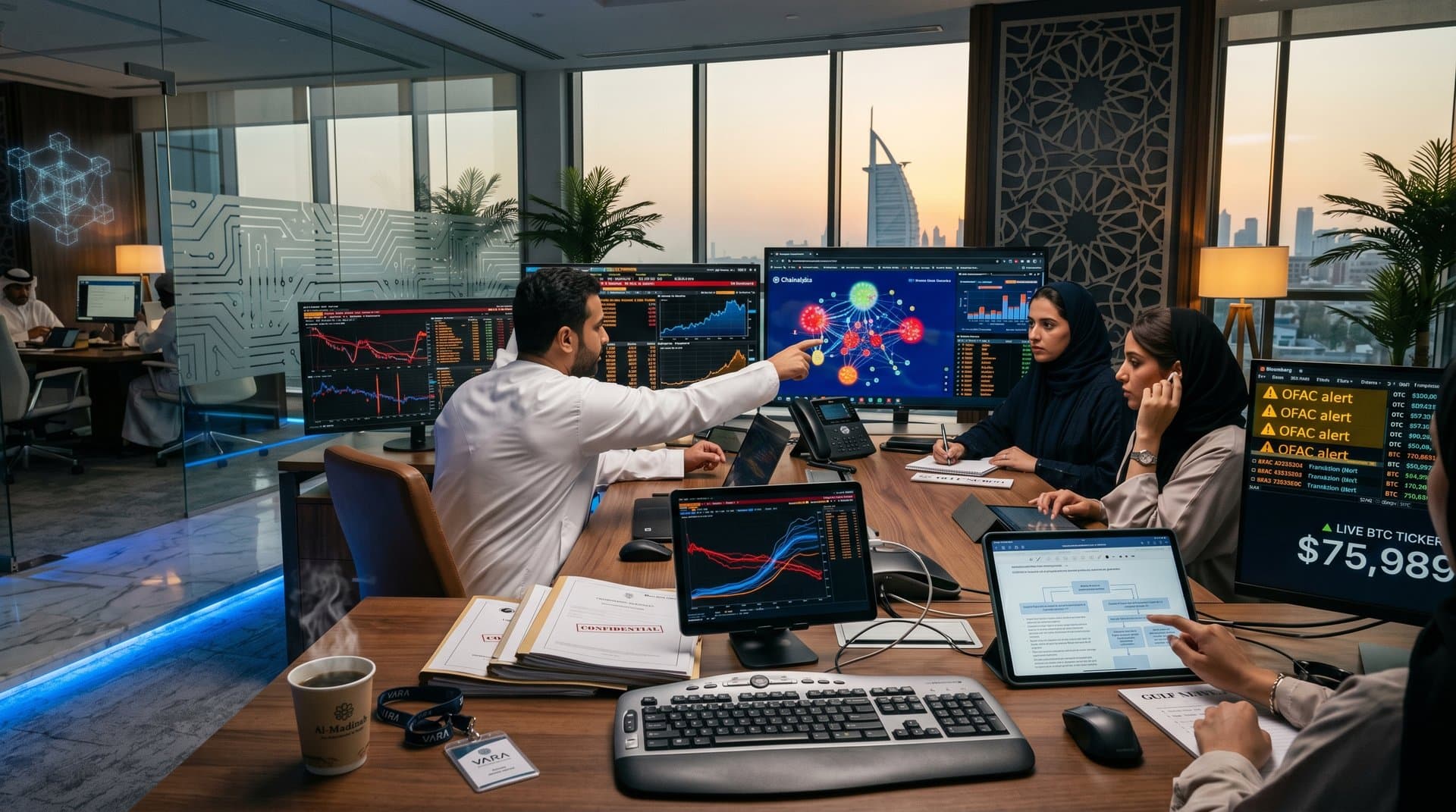Compliance analysts review blockchain sanctions alerts on multi-monitors in DIFC office with Dubai skyline view