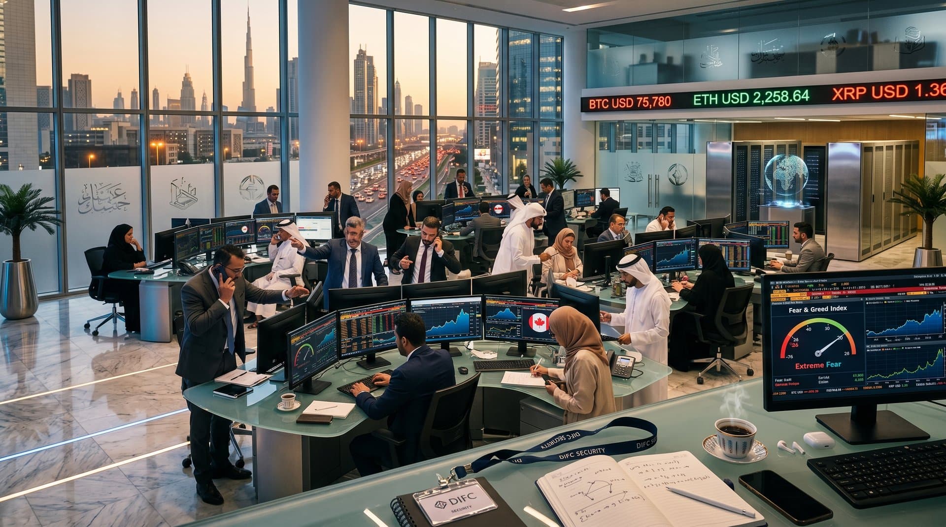 DIFC trading floor with Bloomberg screens showing BTC USD 75,780, Fear & Greed 26, and Gulf crypto hubs charts