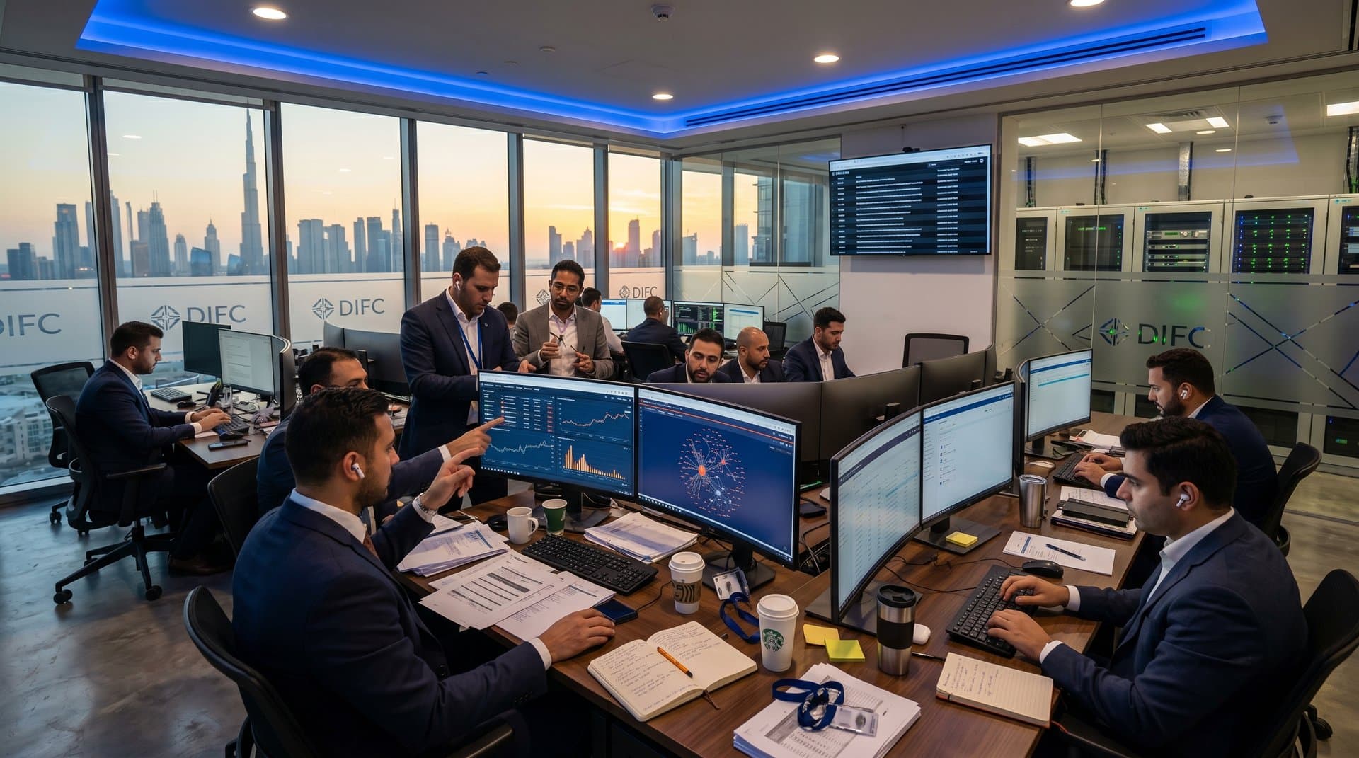 DIFC compliance center monitors blockchain data with Chainalysis graphs and city skyline view