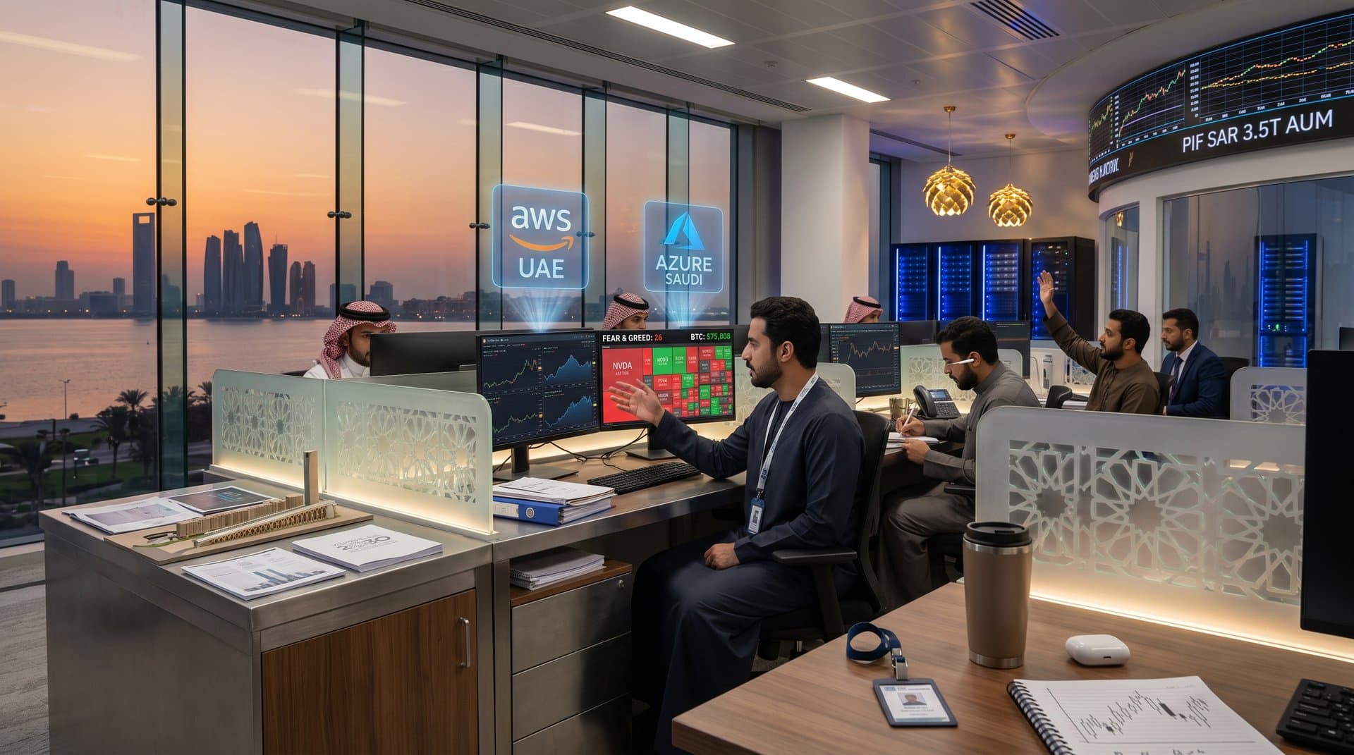 Abu Dhabi trading floor displays VGT vs IYW charts, AI cloud visuals, Fear & Greed at 26 amid Gulf skyline