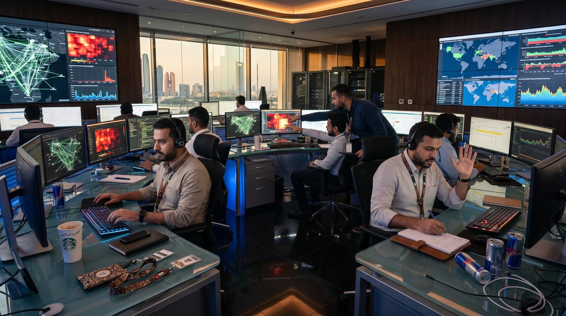 Cybersecurity team at ADNOC operations center analyzes threat maps and crypto transactions on multi-monitor setups amid modern LED-lit room