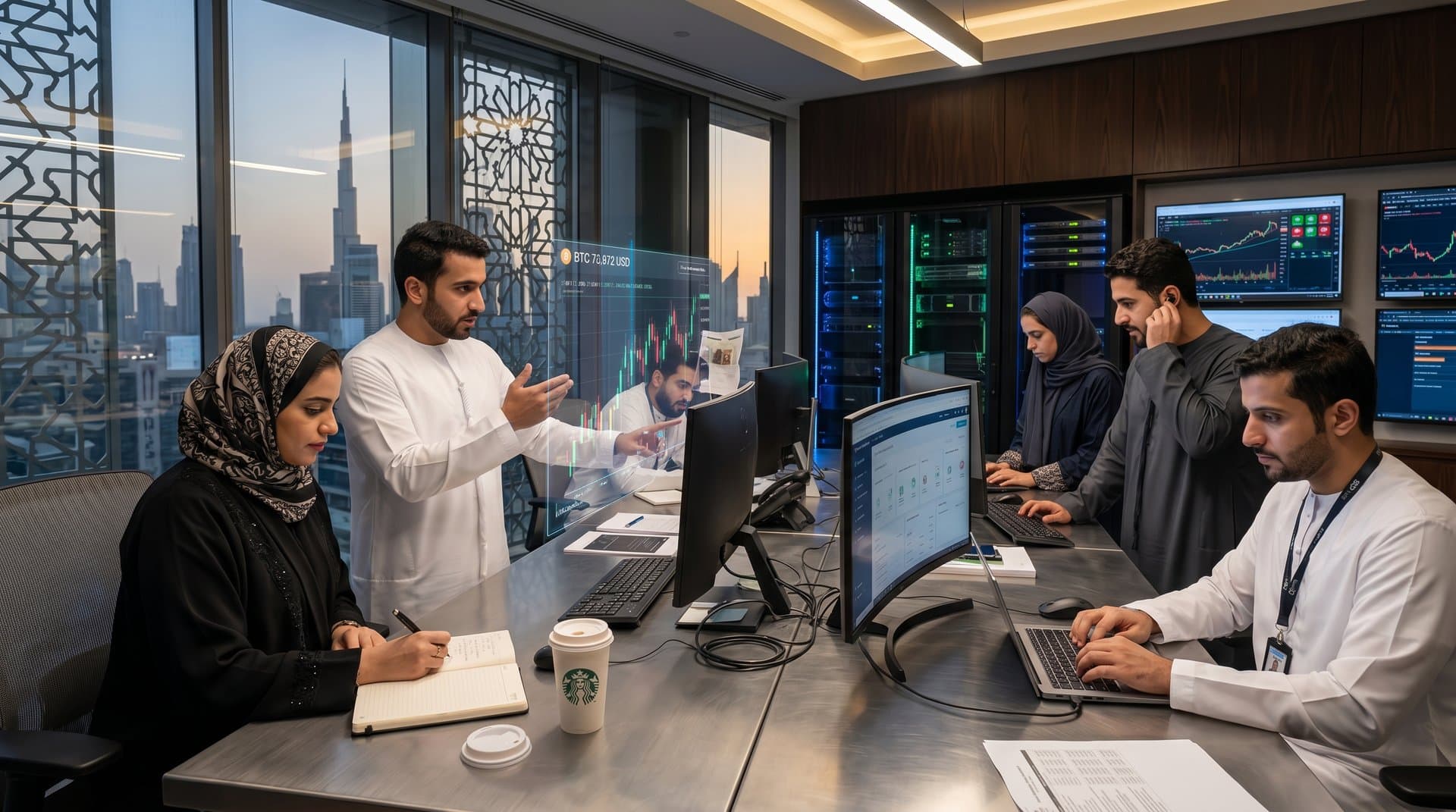 DIFC lab with bankers reviewing crypto charts and Sharia compliance on terminals amid server racks
