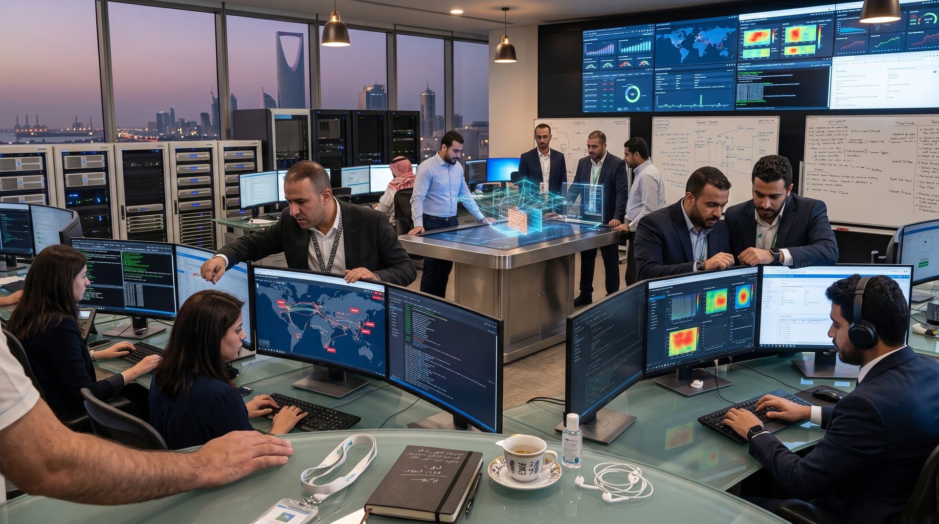 Cybersecurity team monitors threat maps and crypto traces on multi-screen SOC desks at Gulf energy operations center