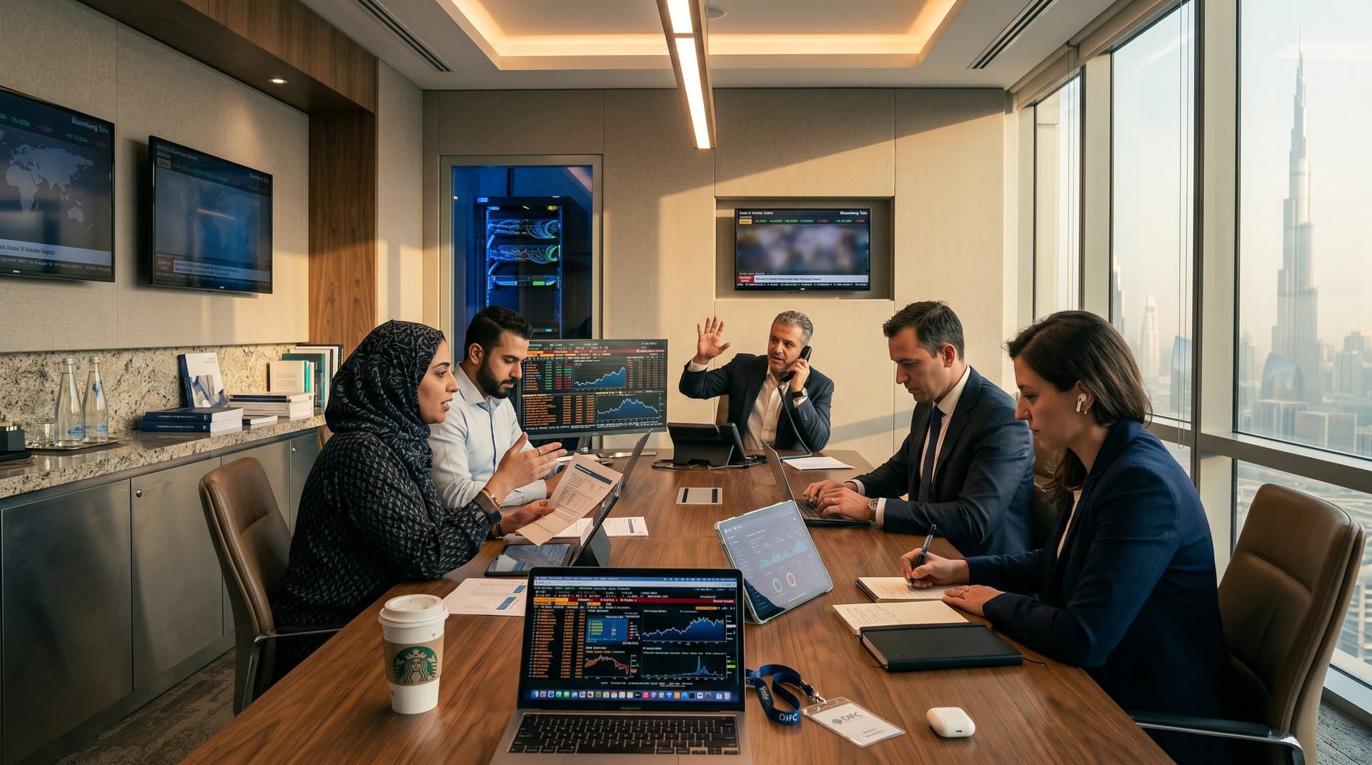 DIFC boardroom with crypto charts, Sharia reports, and cloud compliance dashboards against Burj Khalifa skyline