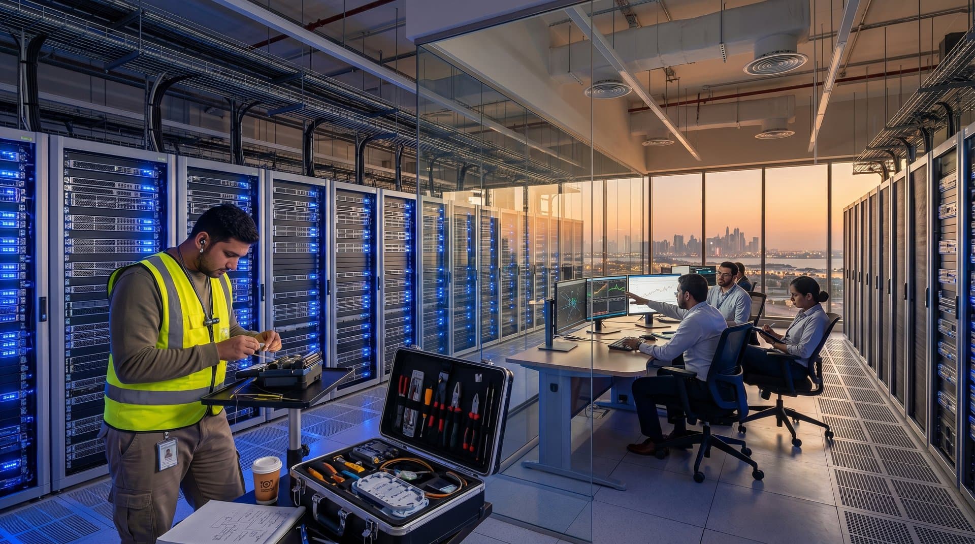 Engineers at consoles with AWS dashboards in a busy Dubai Tier IV data center, server racks glowing amid city skyline through glass walls