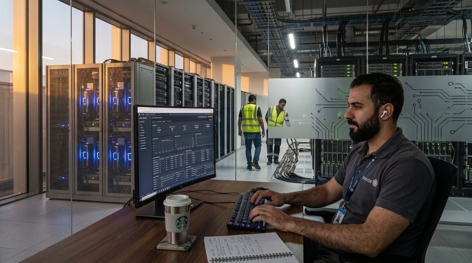 Modern server room with glowing AWS dashboards on monitors, blue LED server pods, circuit-etched glass partitions, and desert skyline view