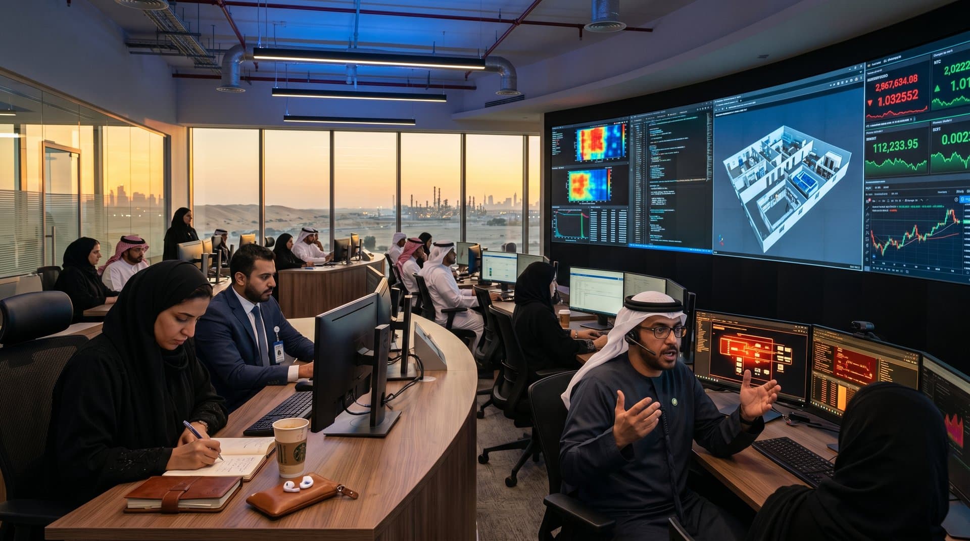 Cybersecurity team at Gulf operations center monitors AI threat maps on multi-monitor setups amid glowing video walls and network diagrams