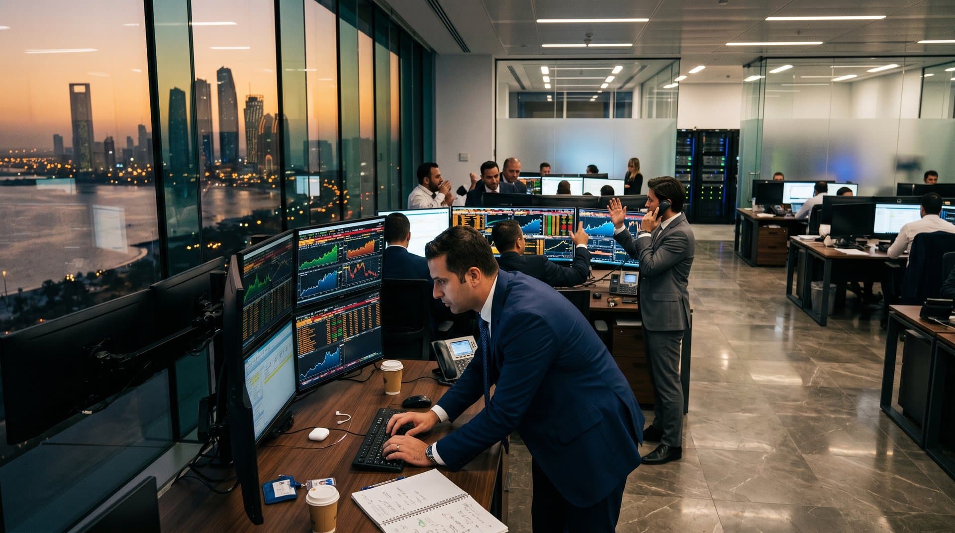 Abu Dhabi trading floor with Bloomberg terminals showing VGT IYW charts and city skyline