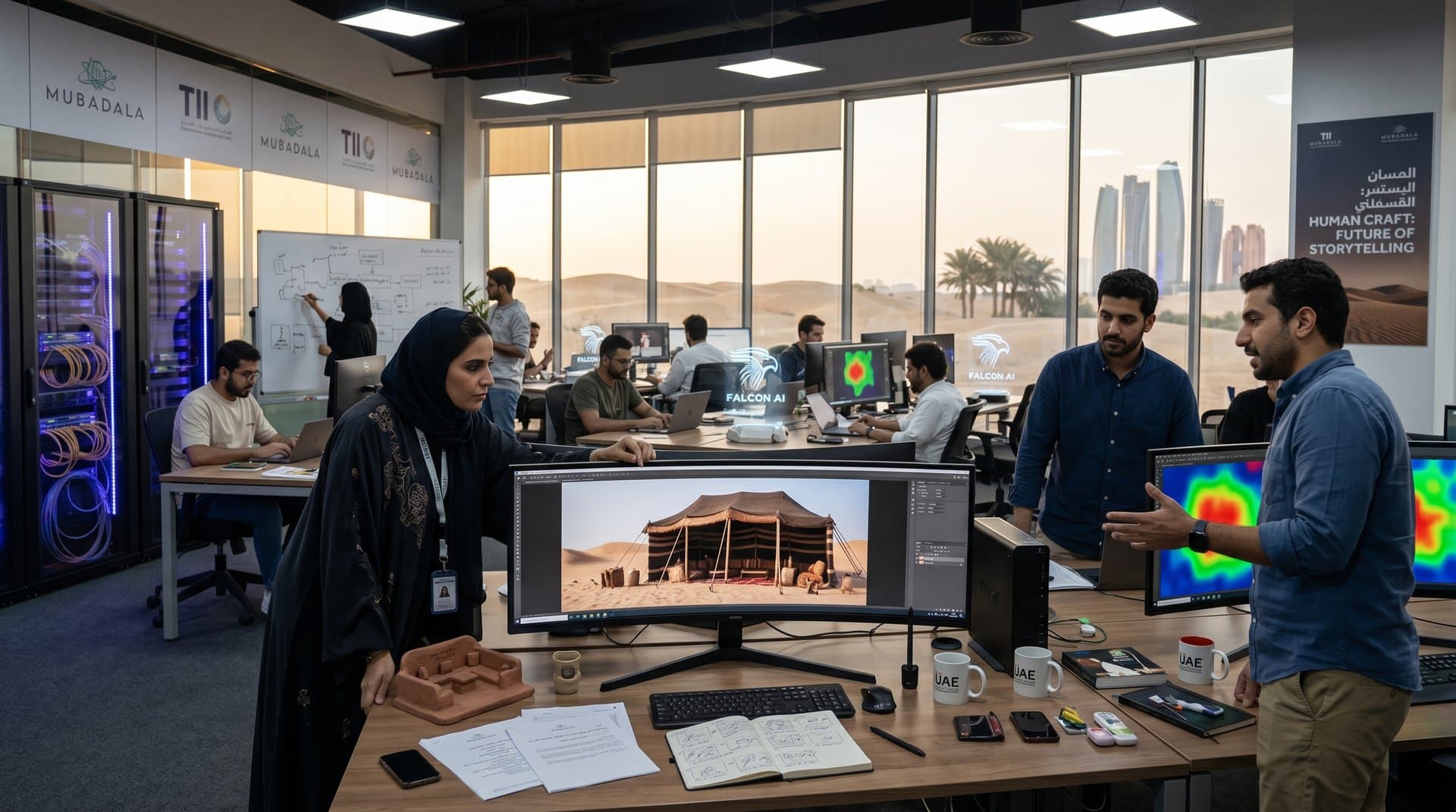 Director adjusts animation on curved monitors while engineers monitor servers in Abu Dhabi AI lab overlooking desert skyline with branded mugs and badges