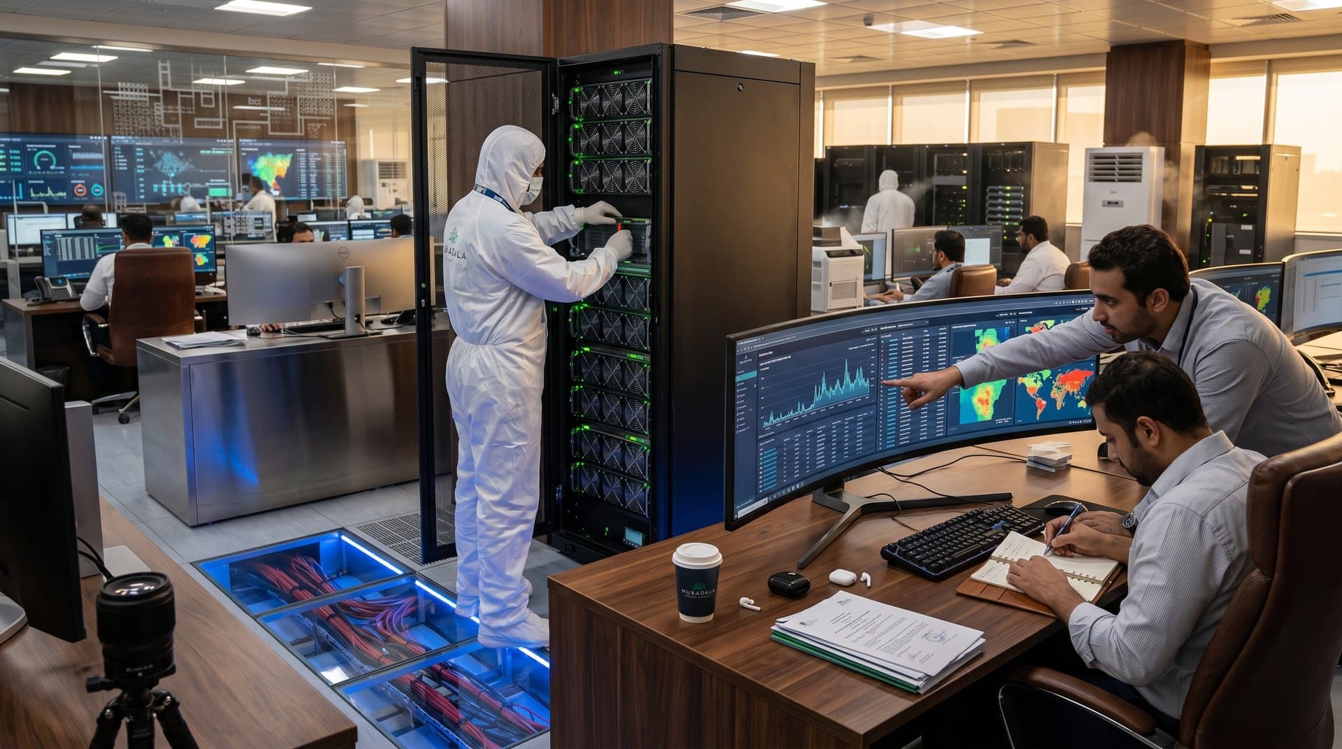 Technicians and analysts monitor blockchain compliance screens in a premium Abu Dhabi data center with server racks and fiber cables