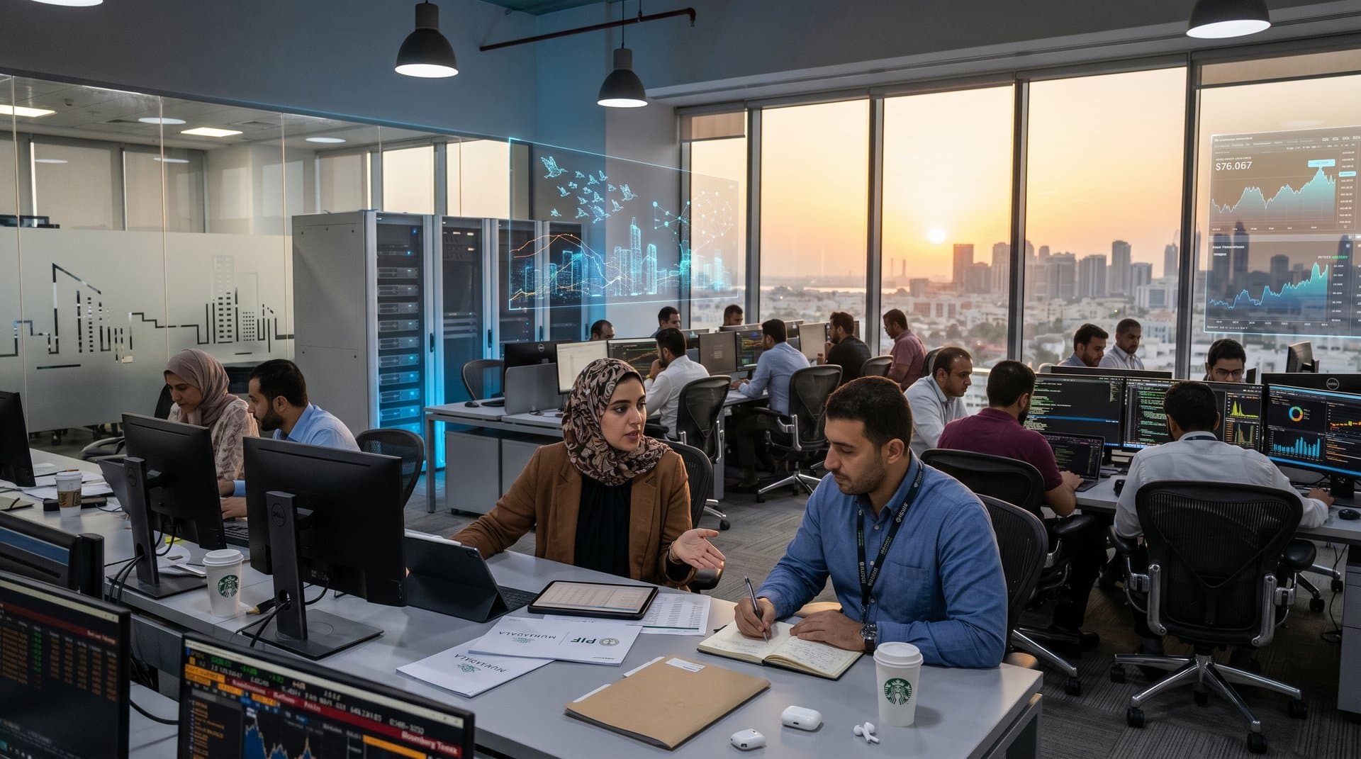 Gulf tech lab with swarm AI simulations, server racks, and financial data screens showing crypto prices