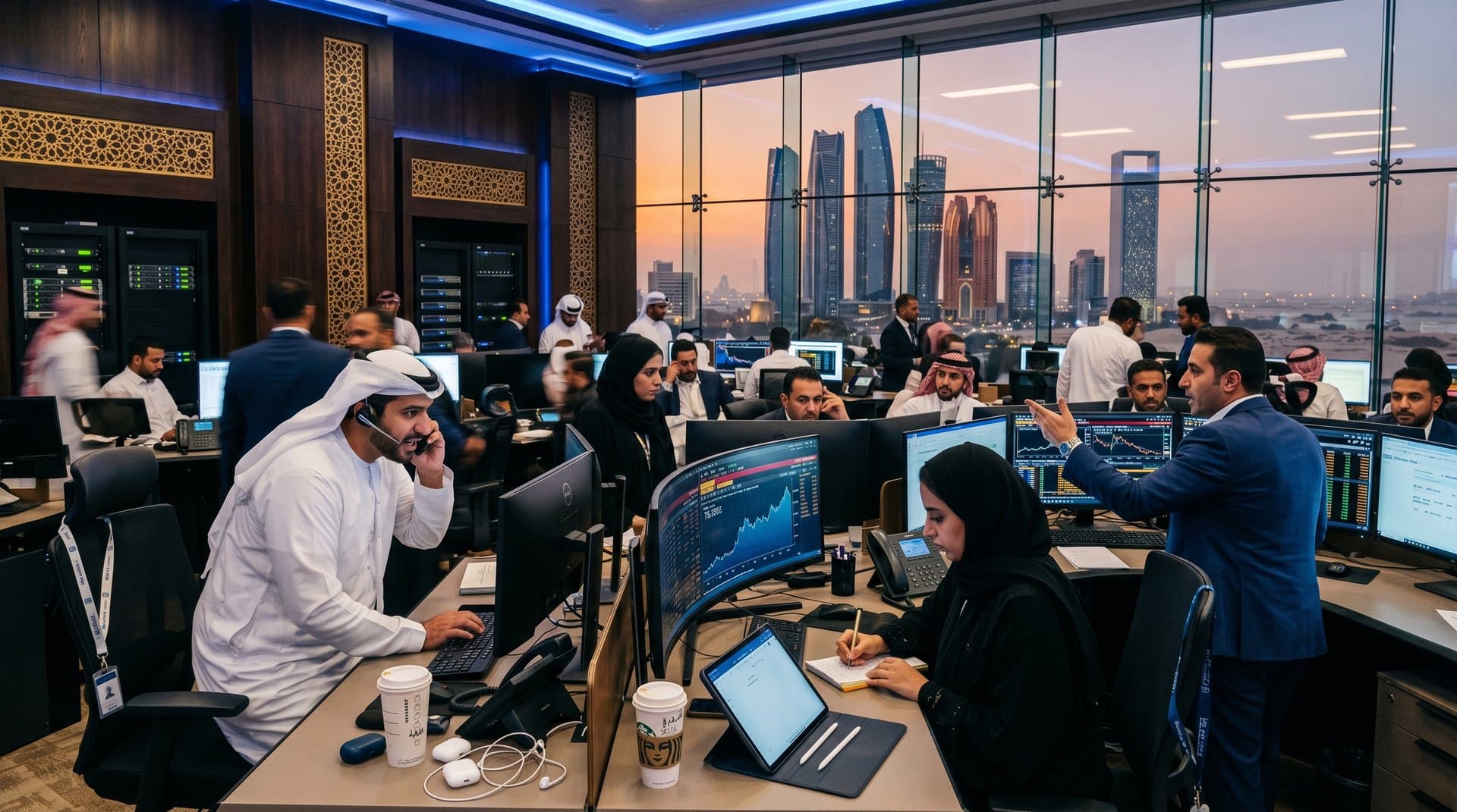 Gulf finance professionals analyzing AI dashboards and crypto volatility on trading floor with Abu Dhabi skyline