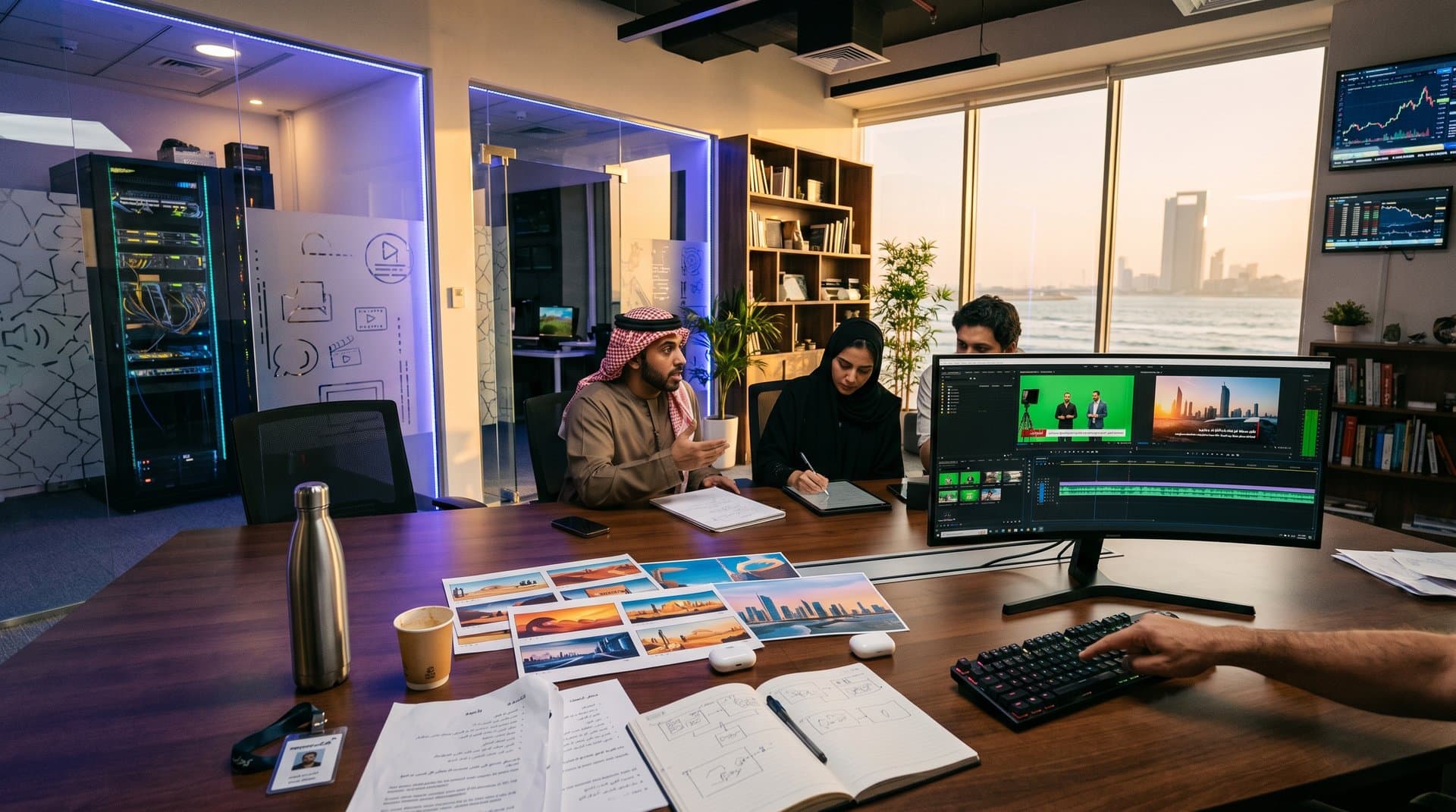 Filmmakers review AI-enhanced footage in twofour54 suite with storyboards, servers, and market charts