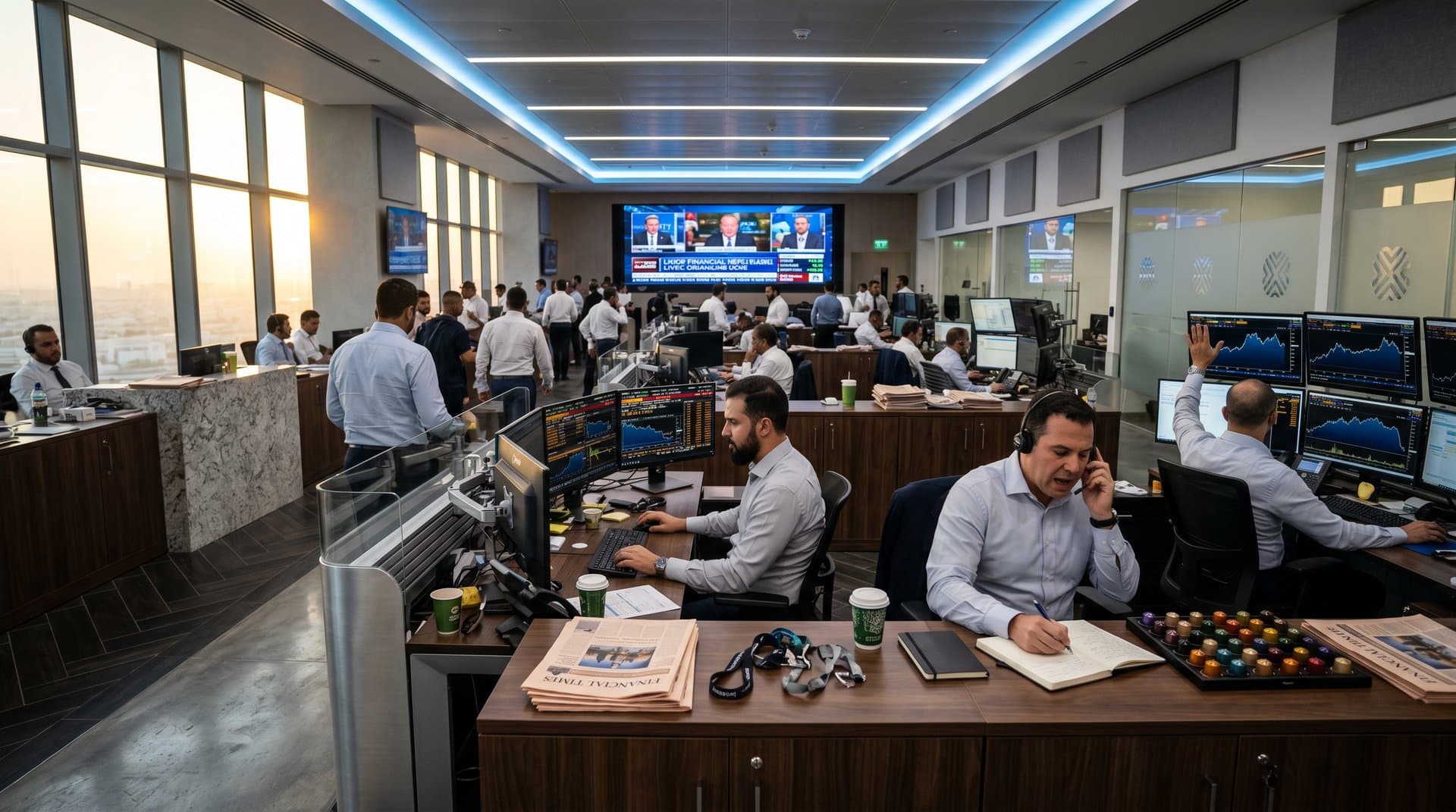 Abu Dhabi trading floor with Bloomberg screens showing SOXX and IYW charts against skyline