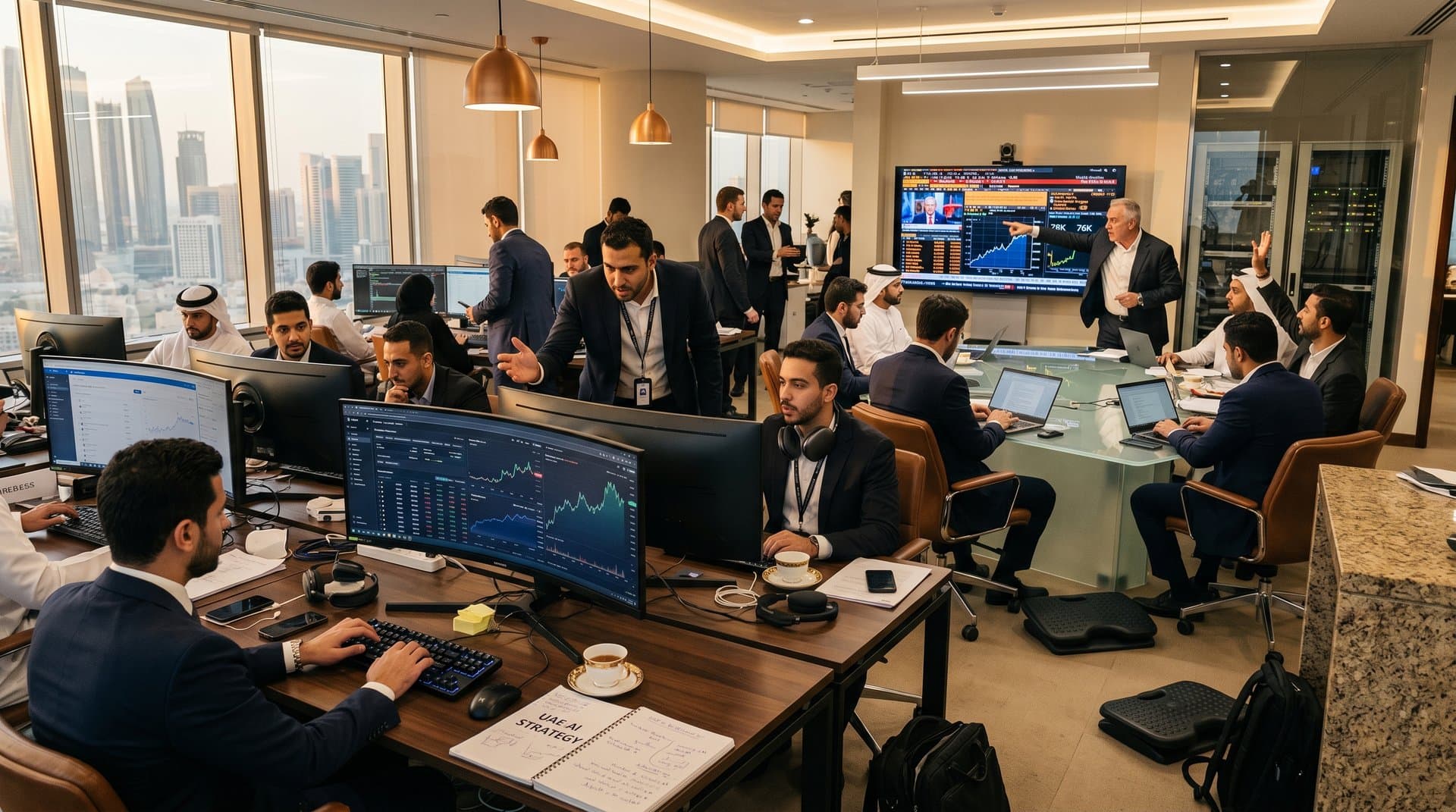 Modern office desks with multi-monitors displaying AI investment analytics dashboards and Abu Dhabi skyline