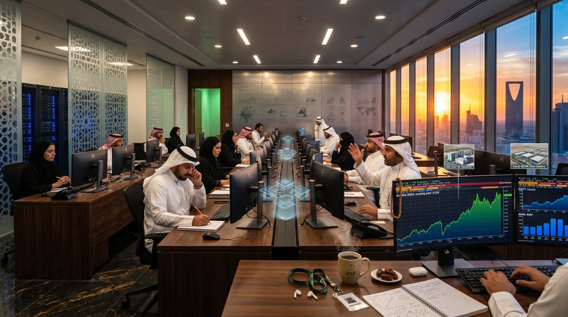 Trading floor at PIF Riyadh with Bloomberg terminals showing AI stock charts, skyline view, modern tech setup