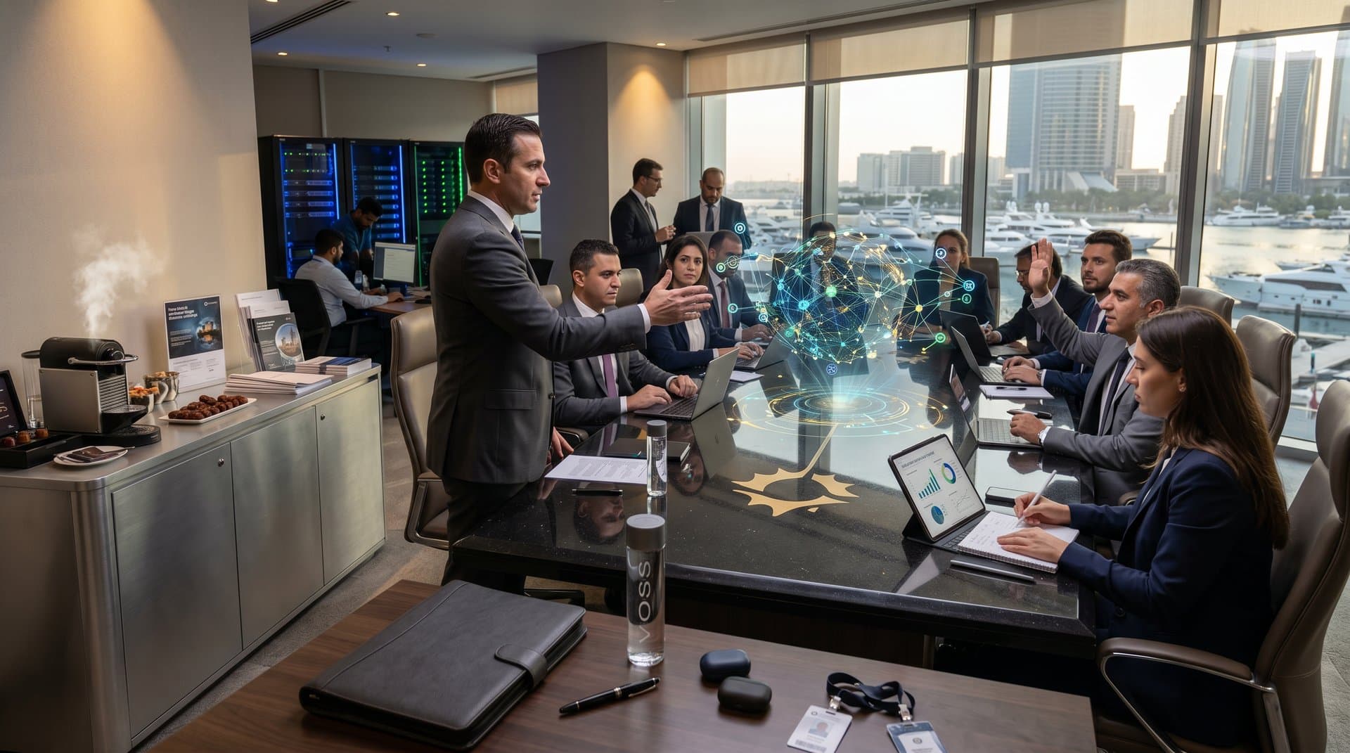 ADGM boardroom with blockchain projections linking UAE, US, China amid digital finance discussions and marina views