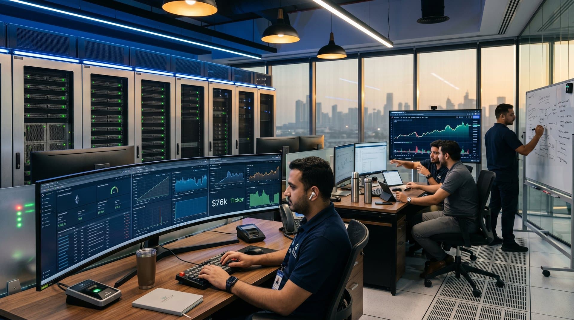 Engineers analyze blockchain metrics on multi-monitors in G42 Abu Dhabi cloud data center operations room