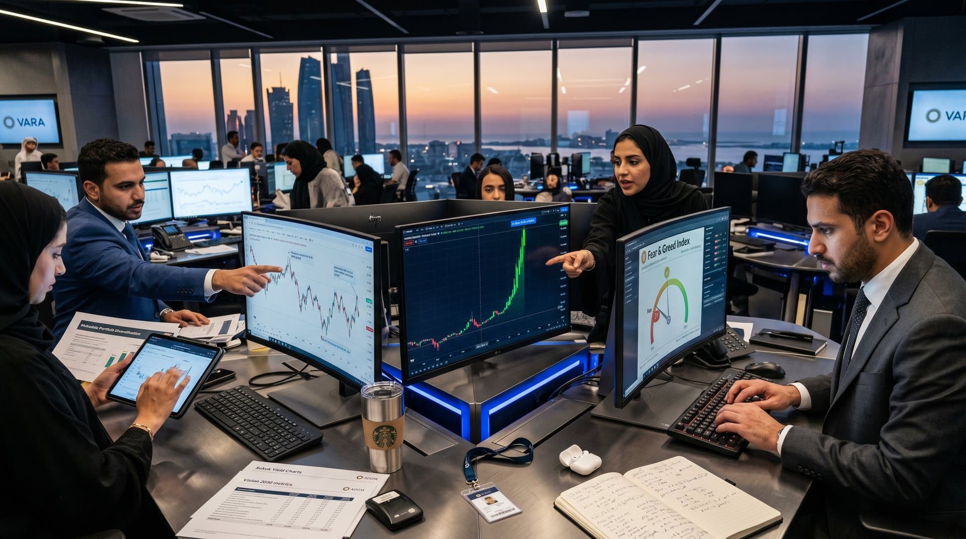 Gulf analysts monitor Bitcoin at $76K, oil charts, and Fear & Greed Index on trading screens with skyline view