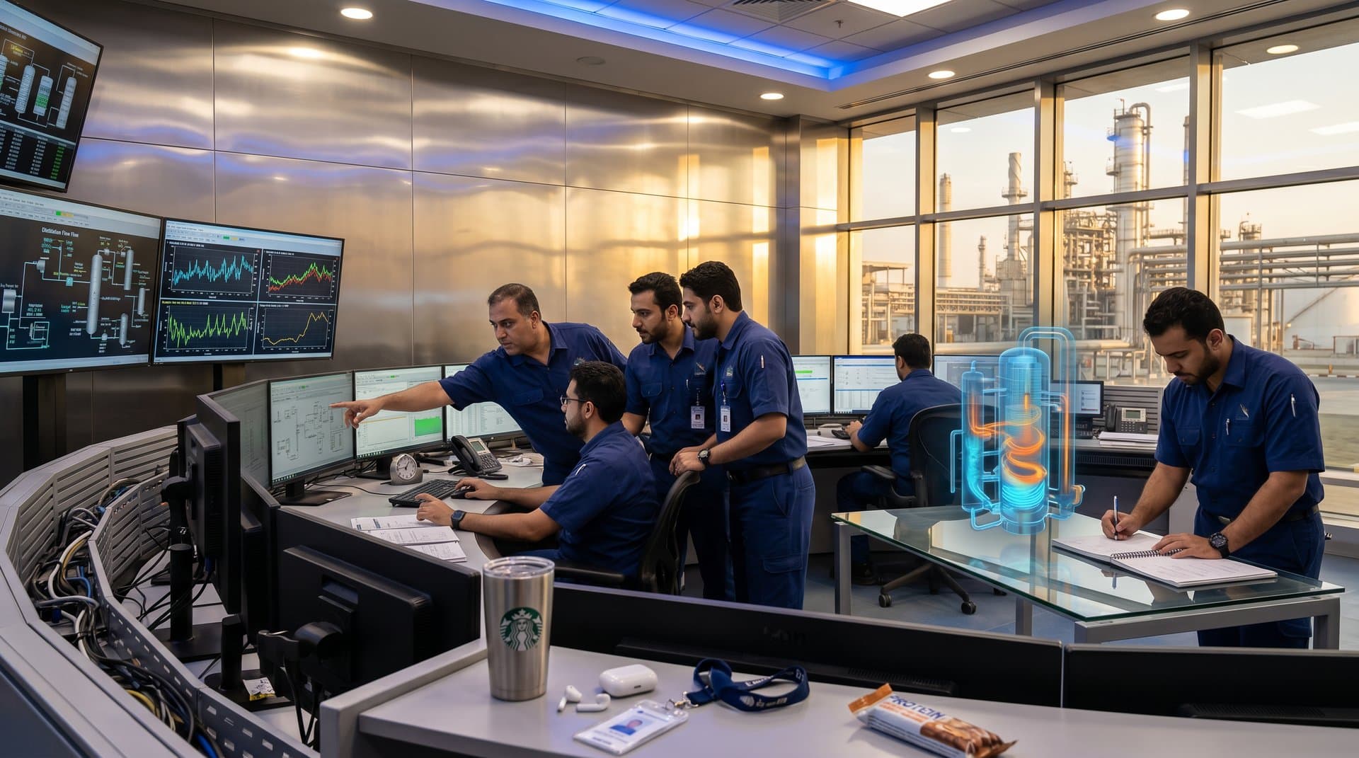 High-tech control room monitors oil refinery processes with distillation towers and energy charts in Gulf facility