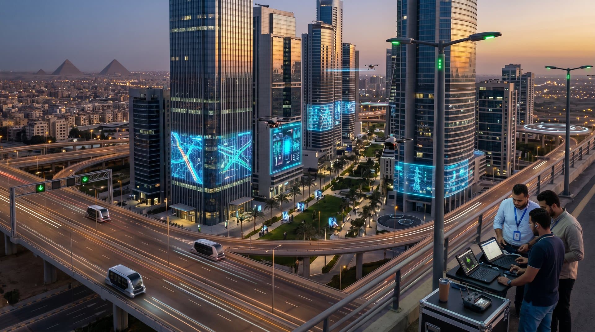 Aerial view of Egypt's NAC smart city with AI data visualizations, autonomous vehicles, and engineers monitoring urban systems in desert setting