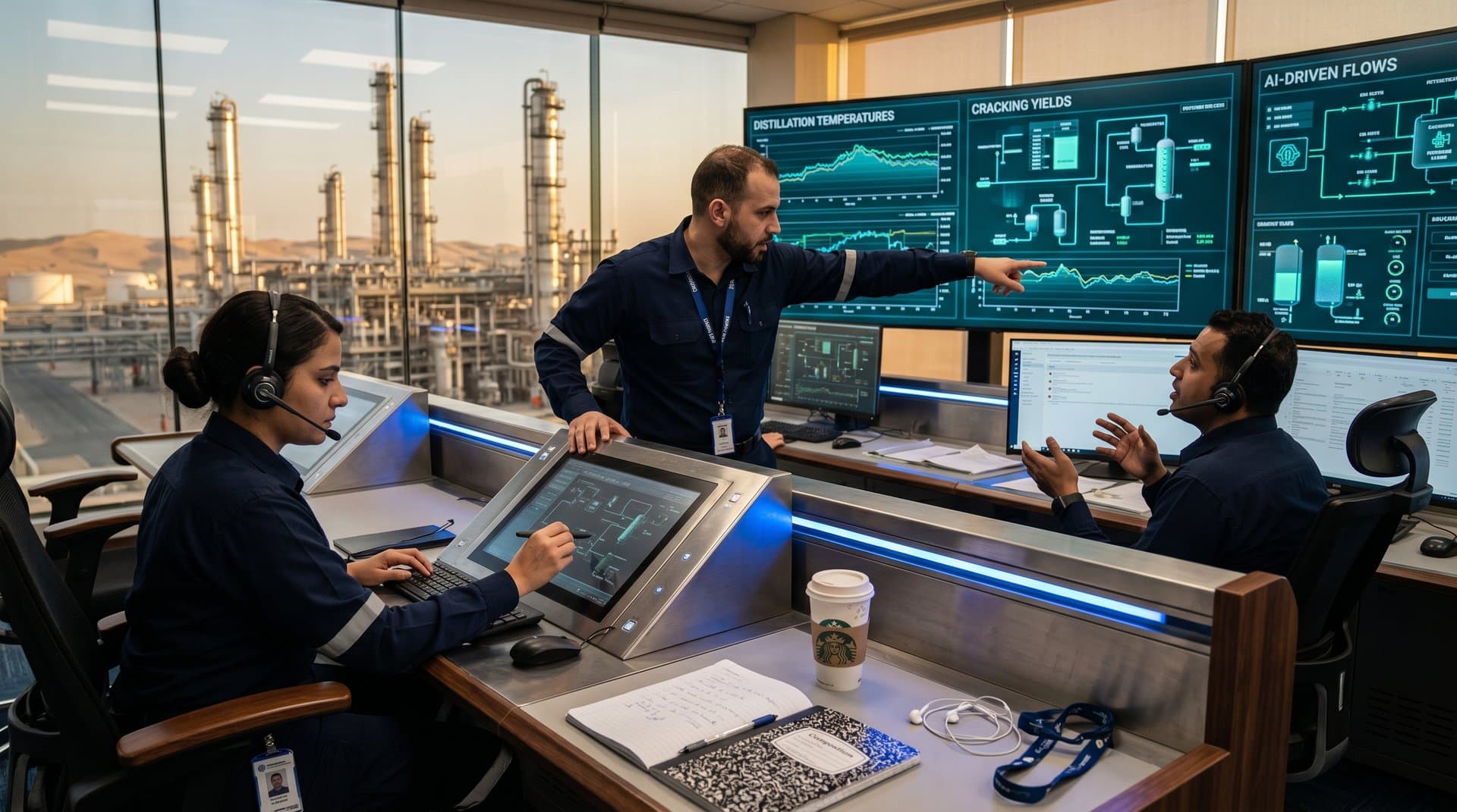 Engineers monitor advanced refinery processes on multi-screen displays in a Gulf control room