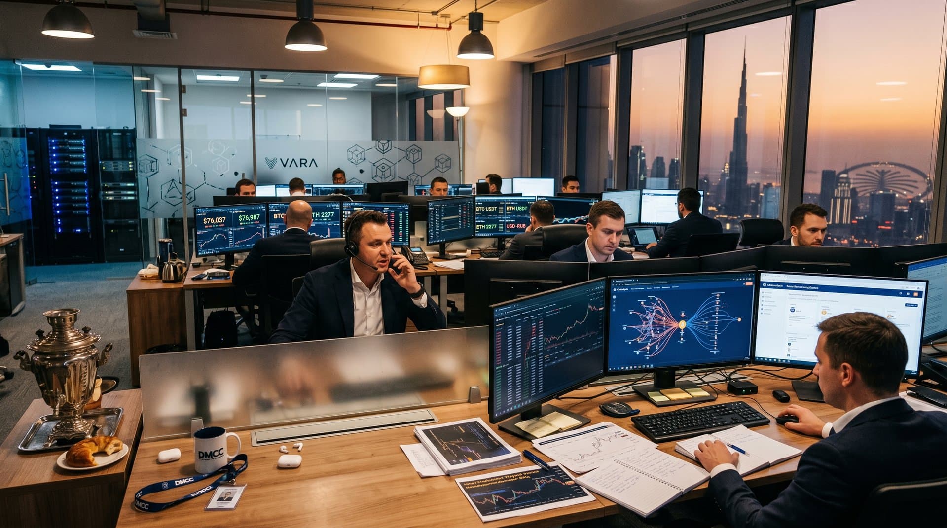 Traders at DIFC desks with Bloomberg terminals showing BTC at $76,987, reviewing Russian crypto trade reports amid skyline view.