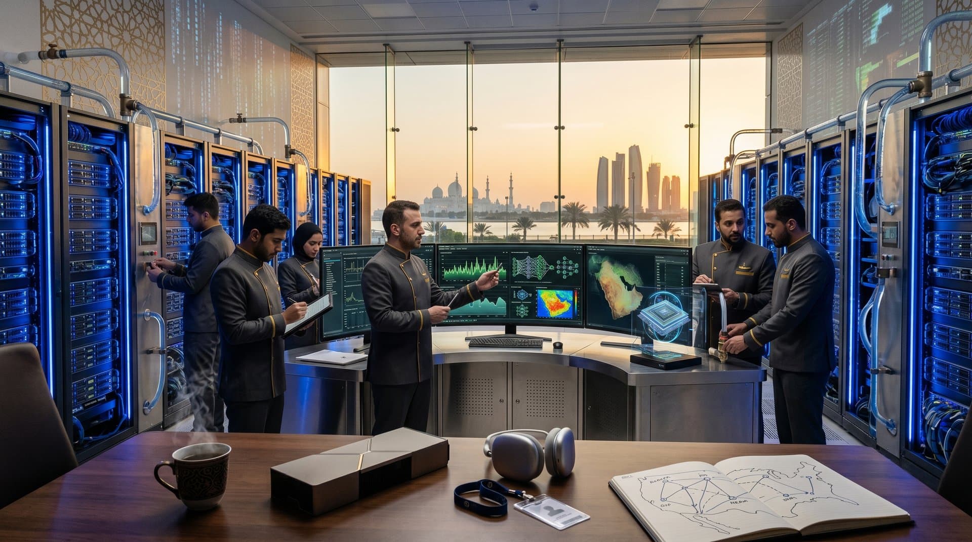 Futuristic AI data center in Abu Dhabi with glowing server racks, neural network displays, and Gulf skyline