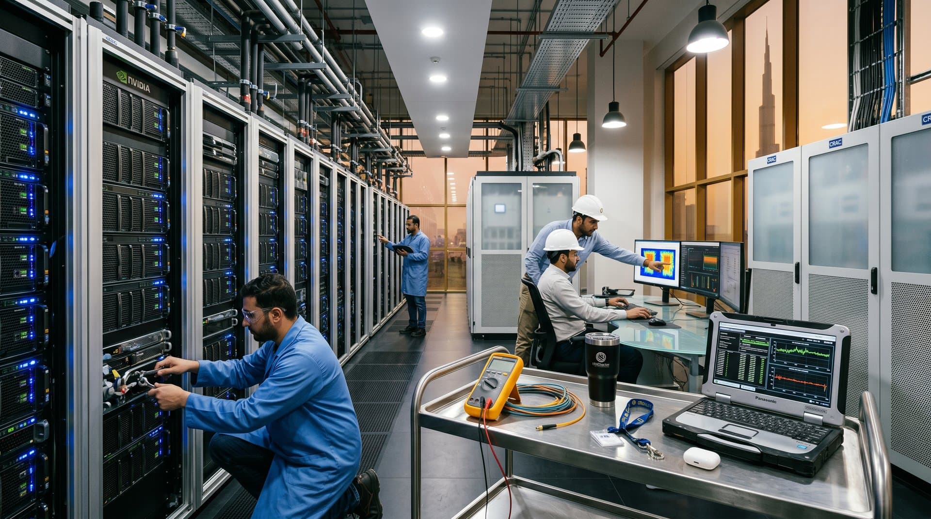 Technicians service AI GPU racks in a high-security Tier IV data center with glowing LEDs and monitoring consoles