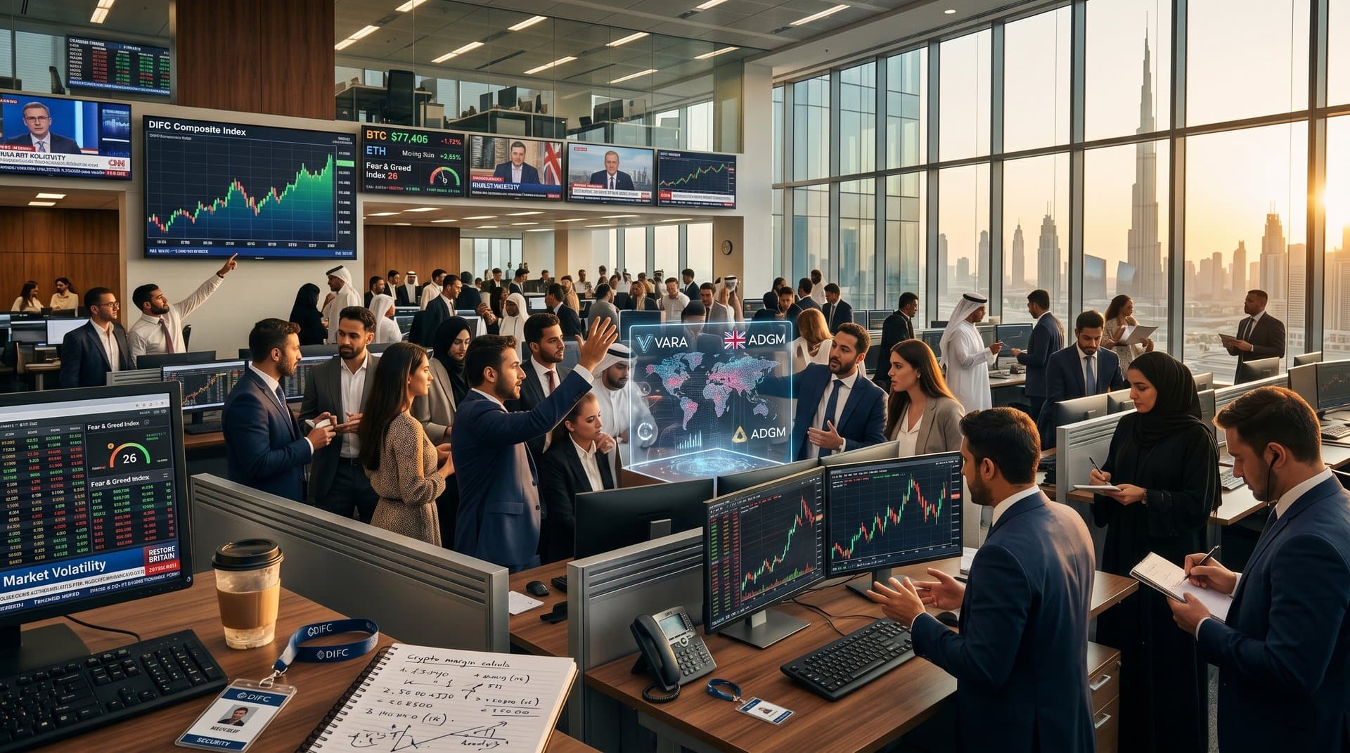 Dubai DIFC traders monitoring BTC at $77,406 and UK crypto donation news on screens