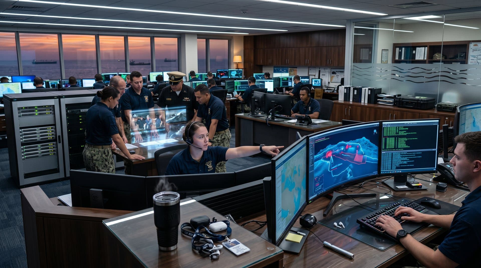 High-tech command center screens displaying AI-analyzed sonar maps of Gulf mine threats with neural overlays