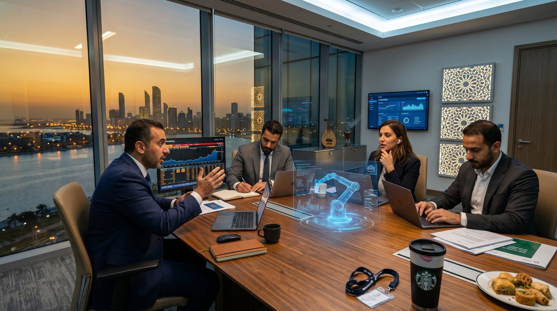 Abu Dhabi boardroom with holographic AI surgical robot and price surge charts against Corniche skyline