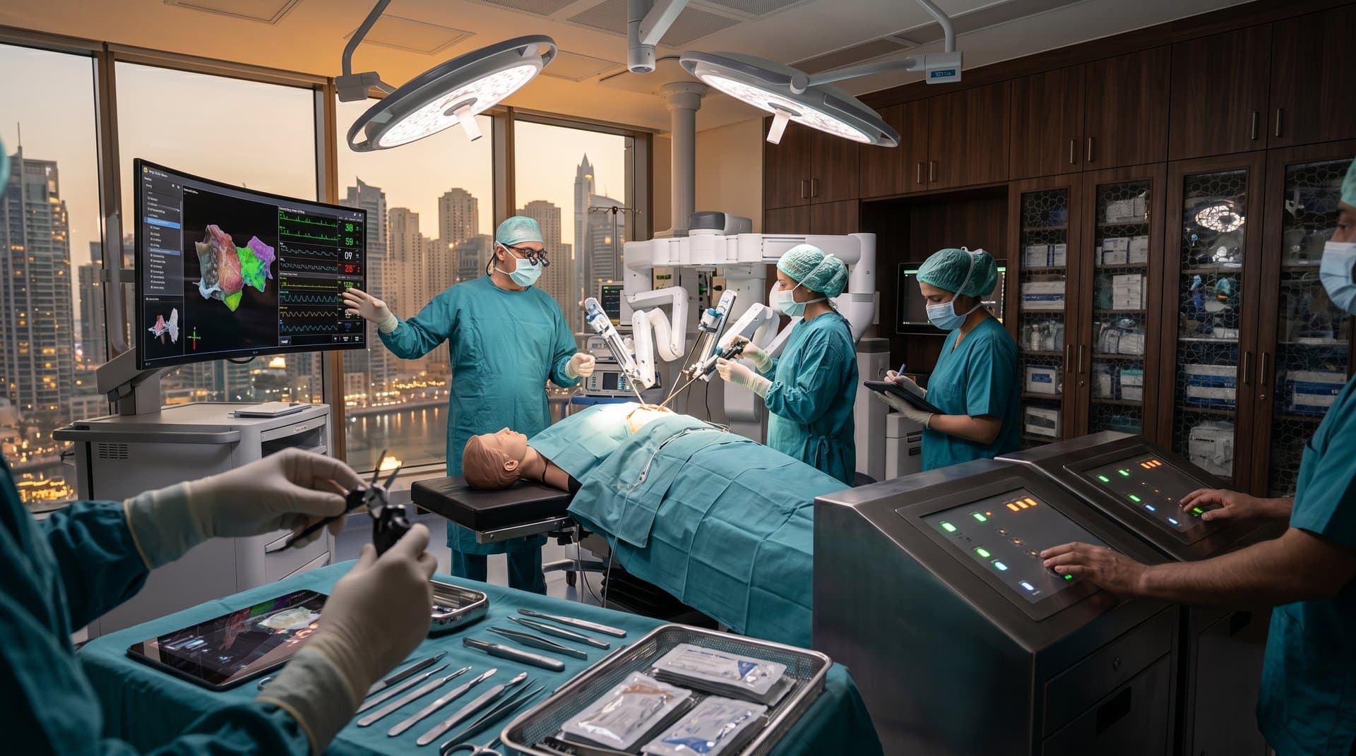 Surgeons and engineers with AI surgical robot in modern Cleveland Clinic Abu Dhabi OR, skyline view through glass walls