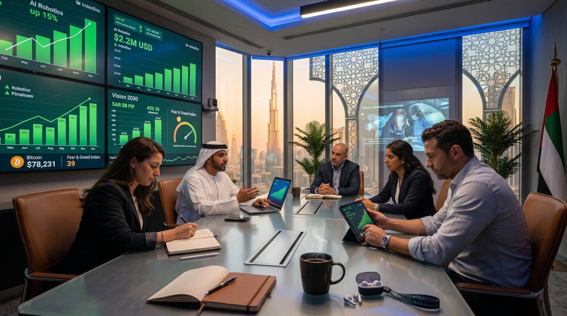 Conference room screens display AI surgical robot price surges and Gulf investment charts in Abu Dhabi finance hub