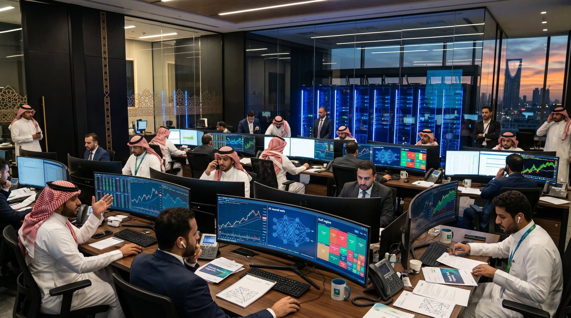 Traders at walnut desks with multi-monitors displaying Reddit AI charts and crypto prices in PIF Riyadh headquarters trading floor