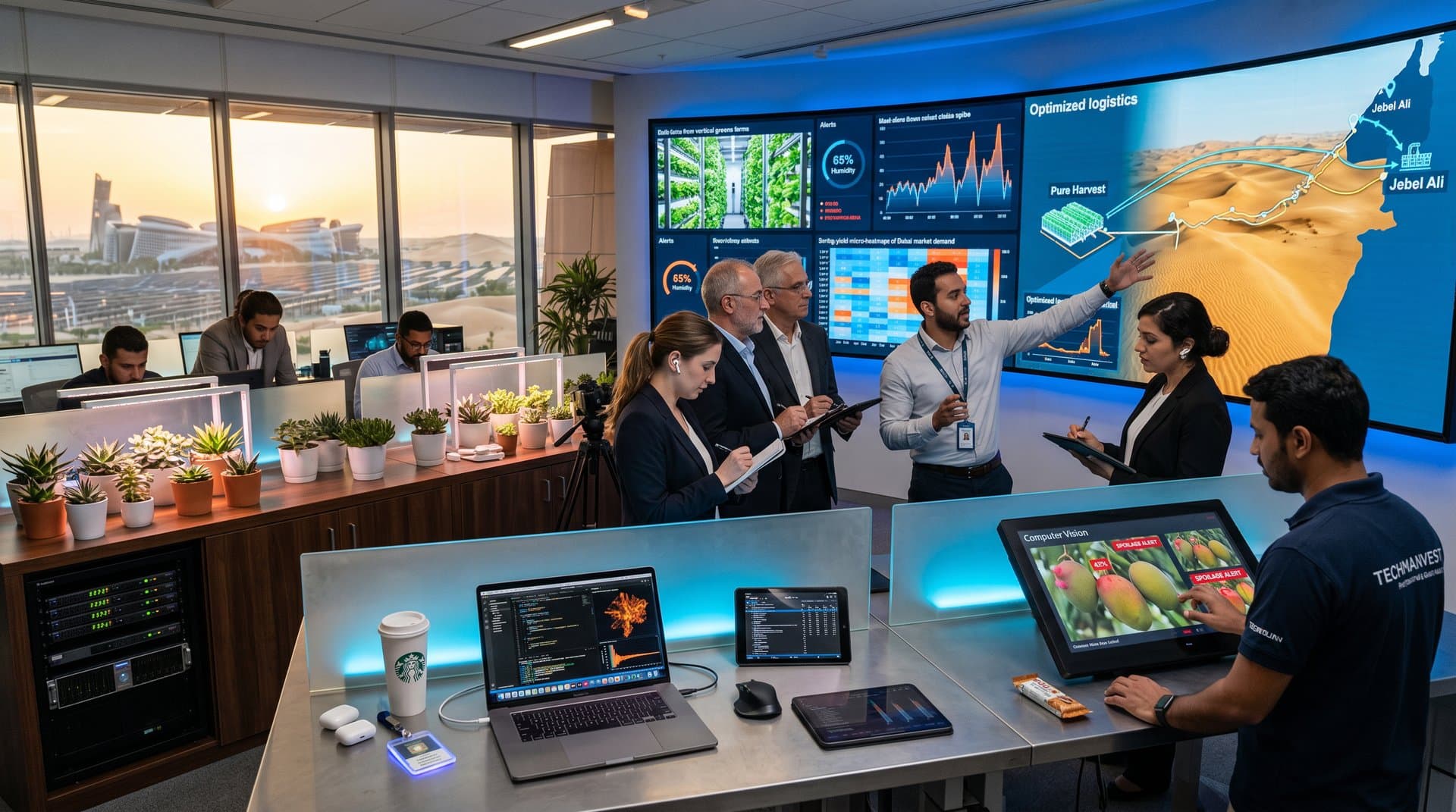 Engineers analyze AI fresh produce supply chain dashboards on video wall in Masdar City AgTech hub