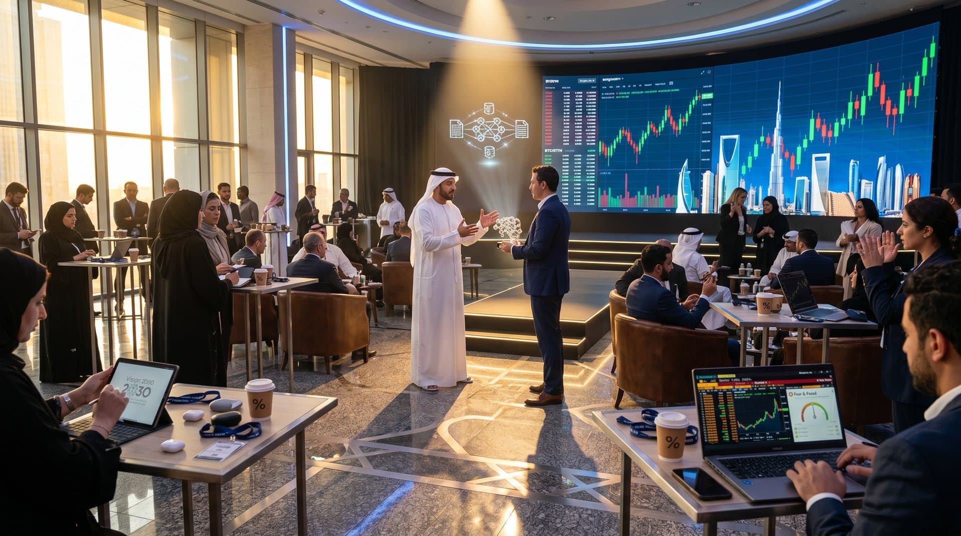 Elegant Dubai ballroom hosting AI finance awards with crypto charts on screens and trophy presentations