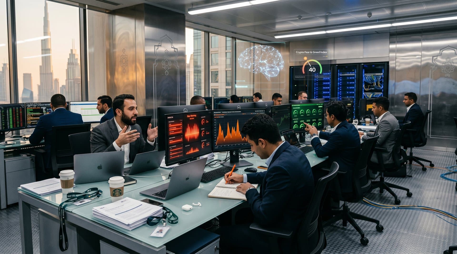 High-tech DIFC fintech lab with AI risk dashboards, holographic models, volatility graphs, and Dubai skyline at sunset