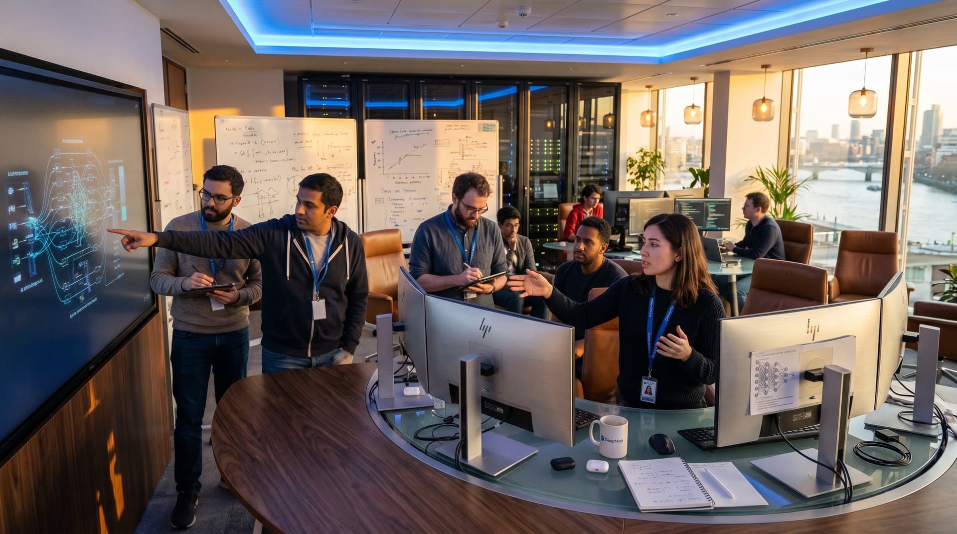 Engineers at curved walnut table with multi-monitors showing AI networks in modern DeepMind lab under LED and window light