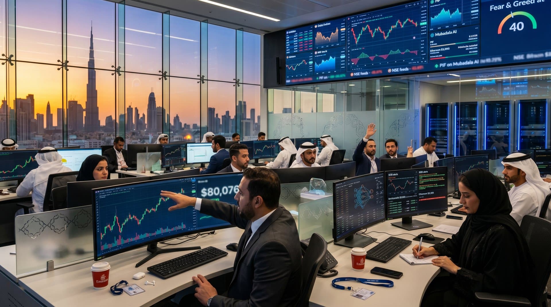 Traders analyze AI-driven market charts on multi-screen setups in a Gulf trading hub overlooking skyline