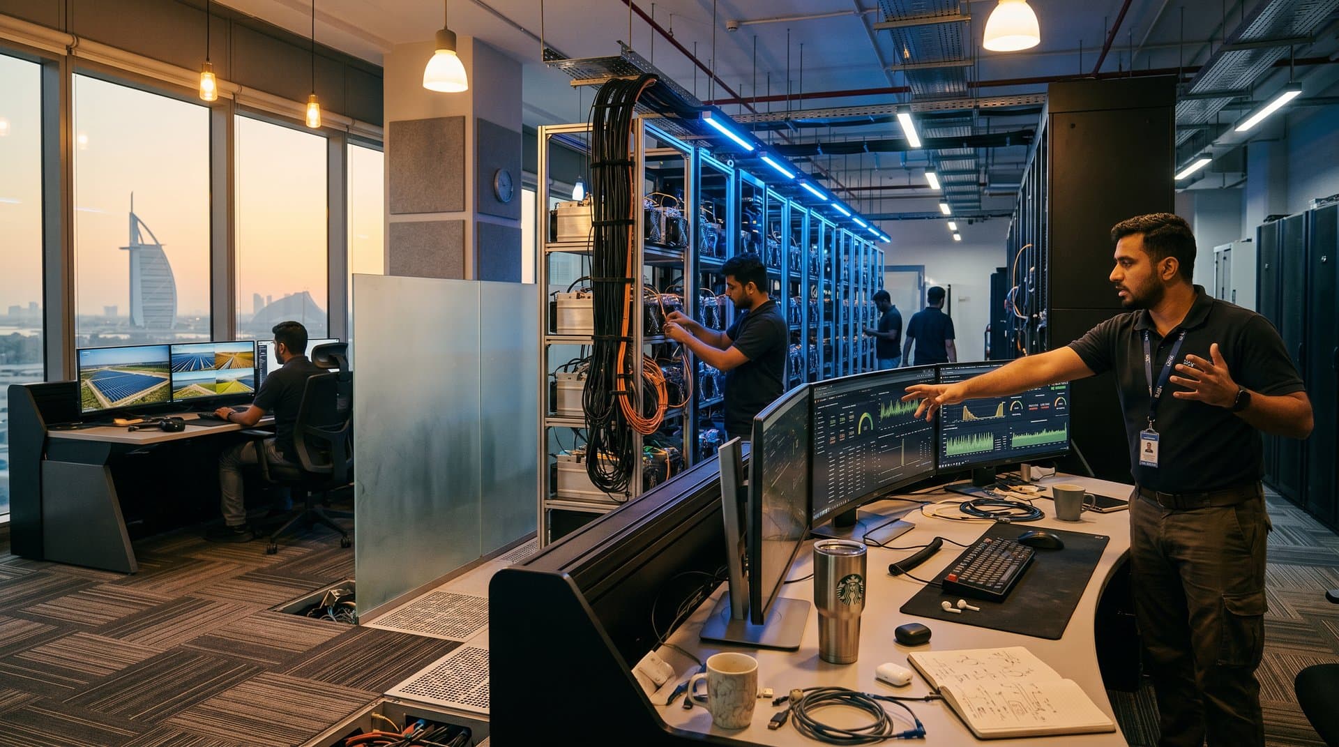 Dubai data center with ASIC miners, blockchain screens, and solar-powered infrastructure against skyline